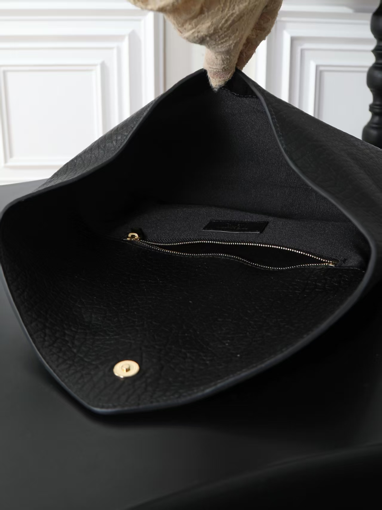 Saint Laurent Le Cassandre Oversized Sheepskin Chain Envelope Clutch in Black