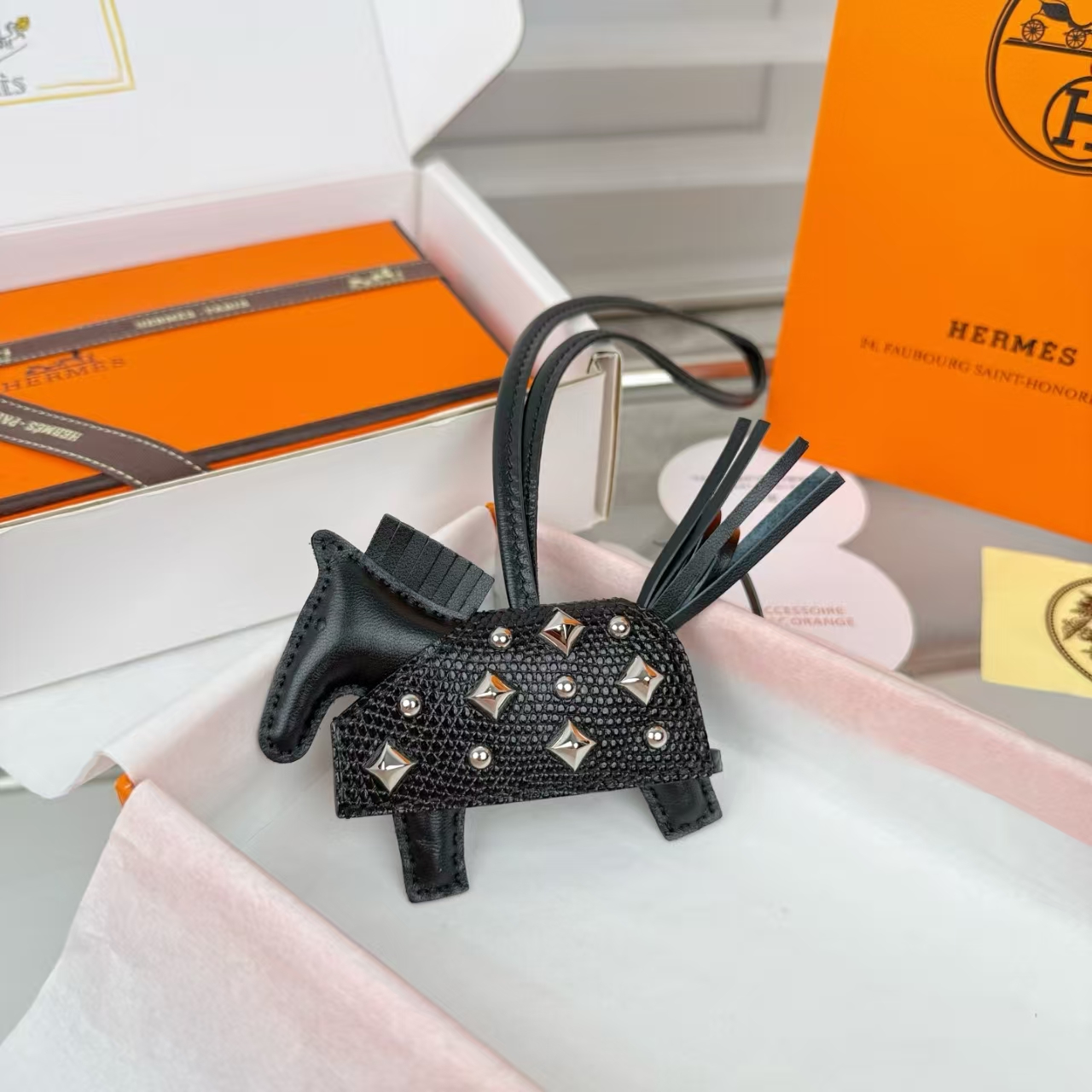 Hermès Rodeo Rodeo Coeur Lizard Leather & Studded Mini Pony Bag Charm in Noir Black - Rare Material, New With Box