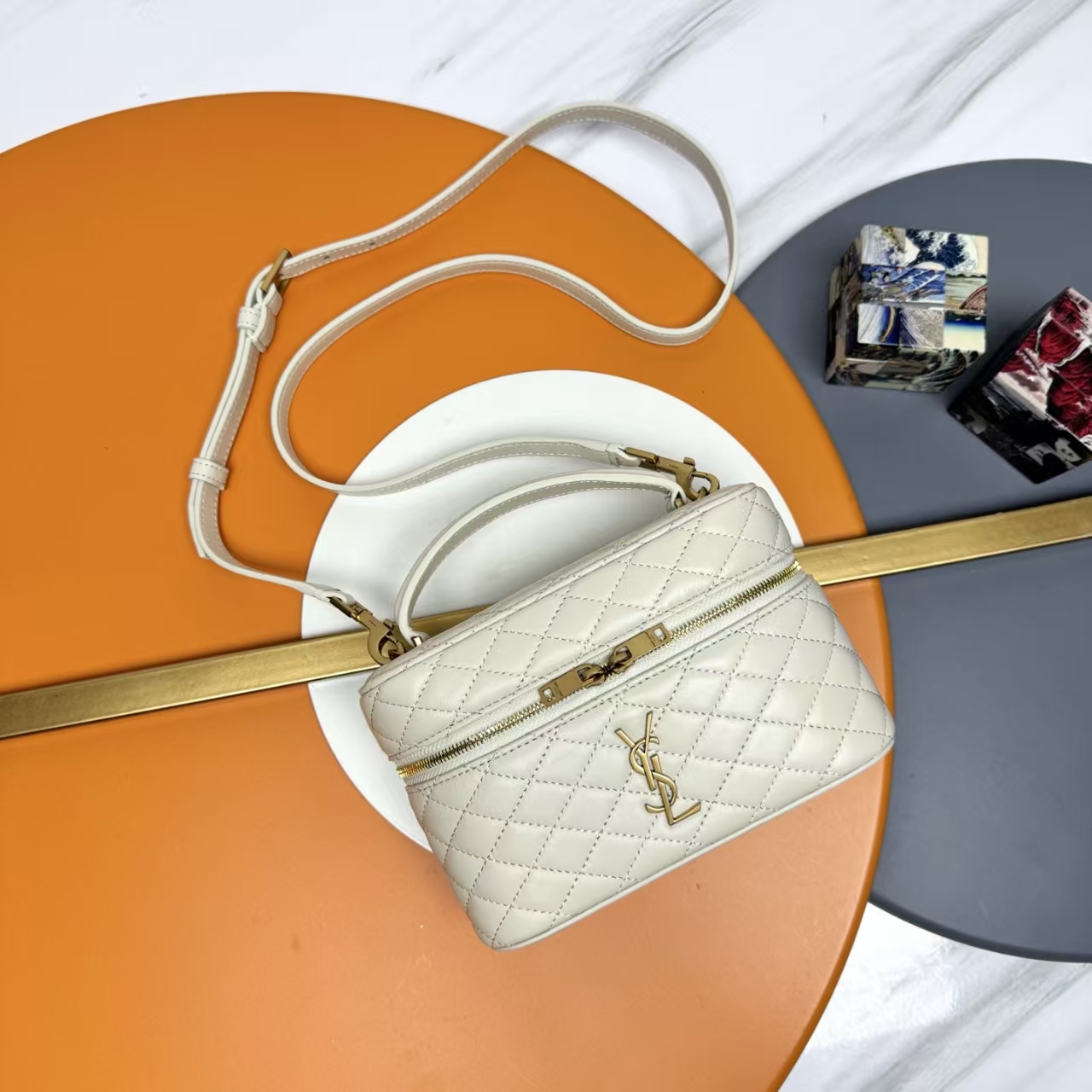 Saint Laurent Gaby Vanity Bag with Lambskin Strap Clutch in Vintage White