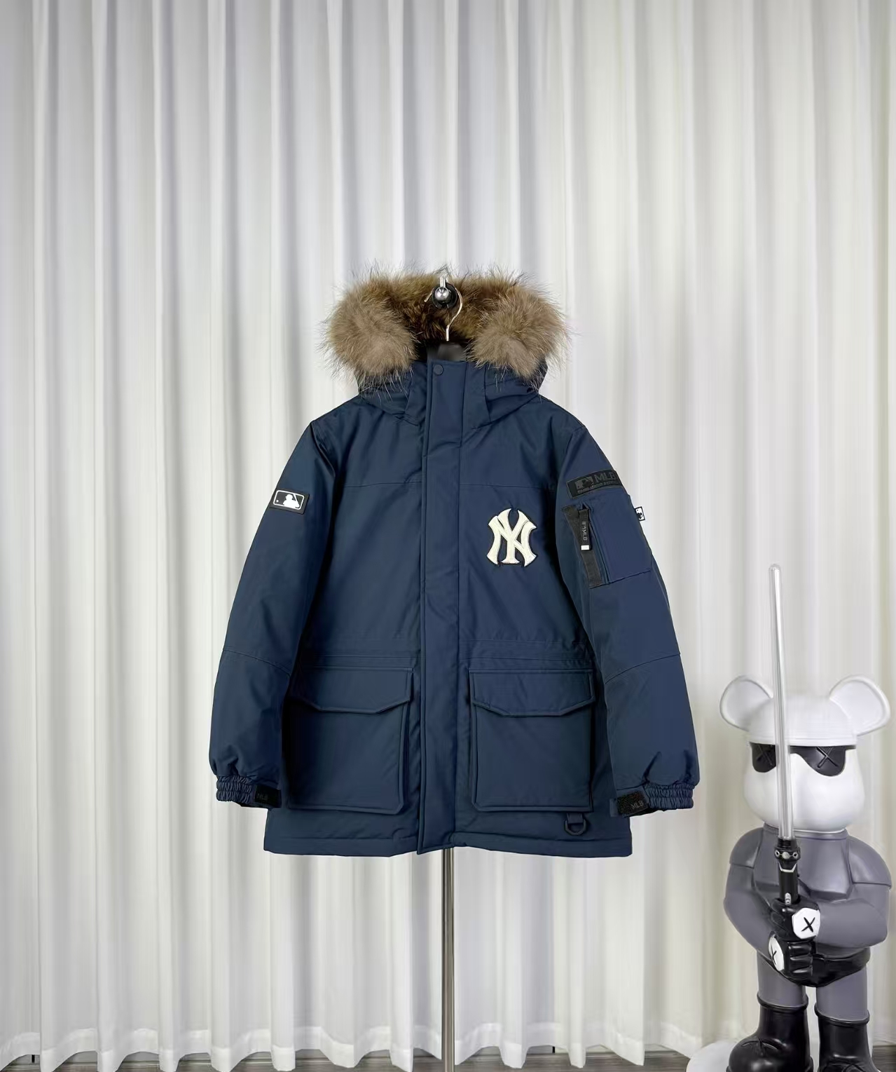 MLB Fur-Trimmed Water-Resistant Cargo Down Jacket in Navy Blue
