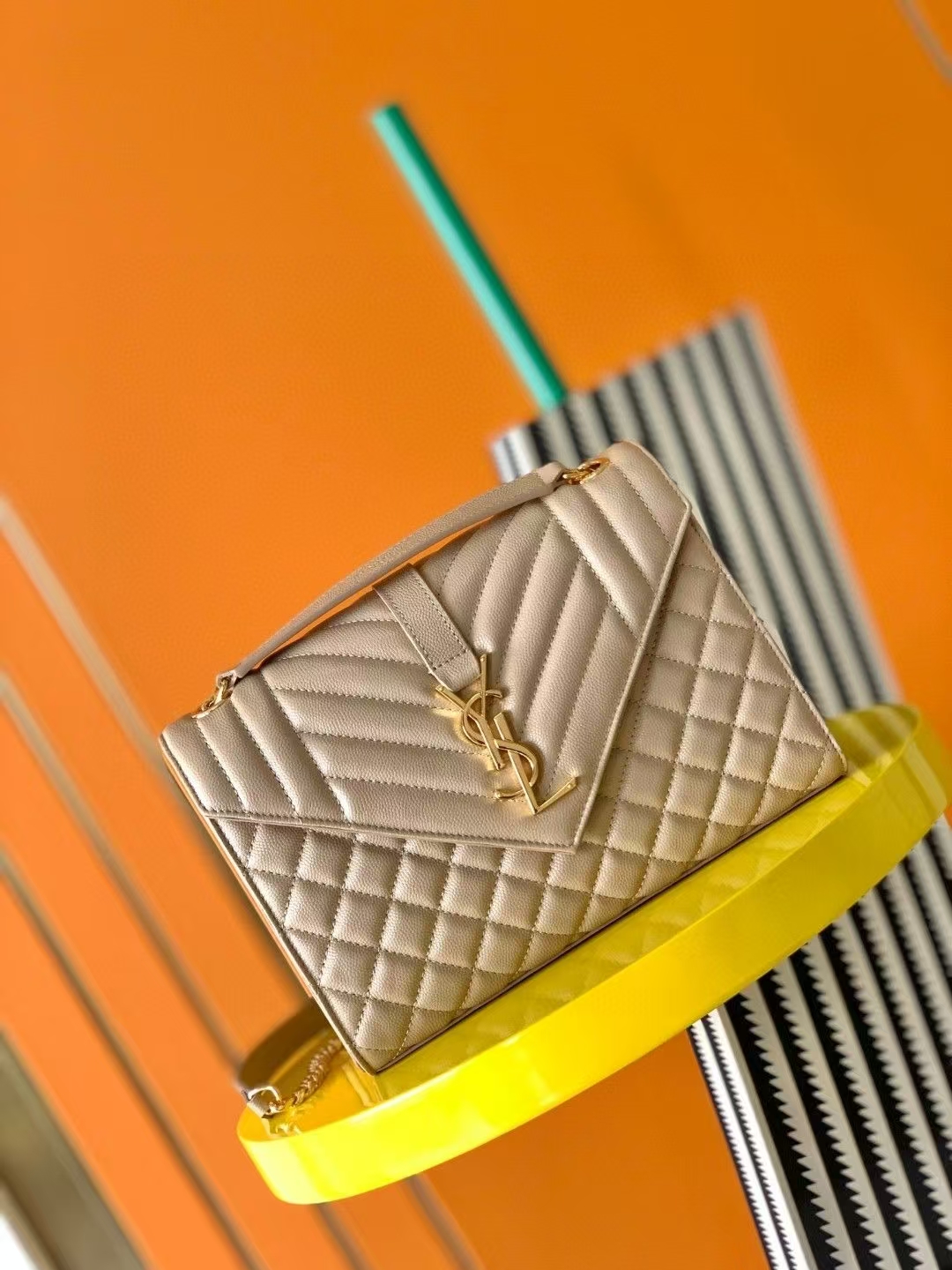 Saint Laurent Envelope Medium Grain de Poudre Quilted Leather Handbag in Dark Beige