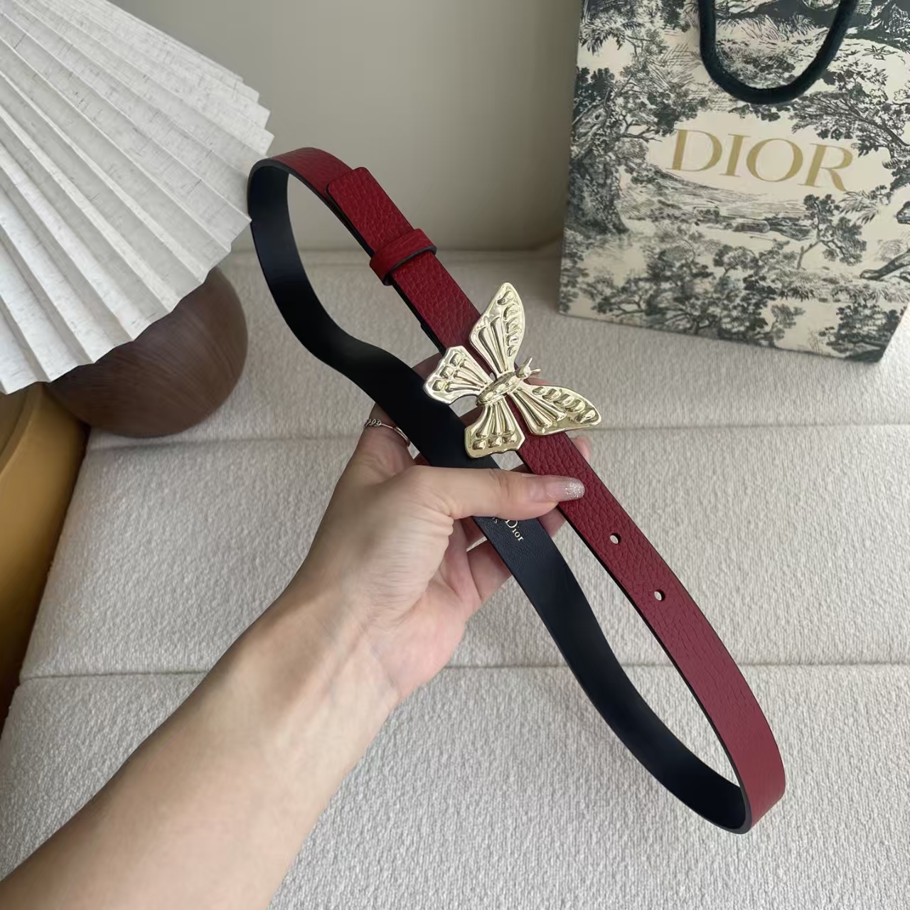 Christian Dior Butterfly Embellished Calfskin Belt in Vermilion Red