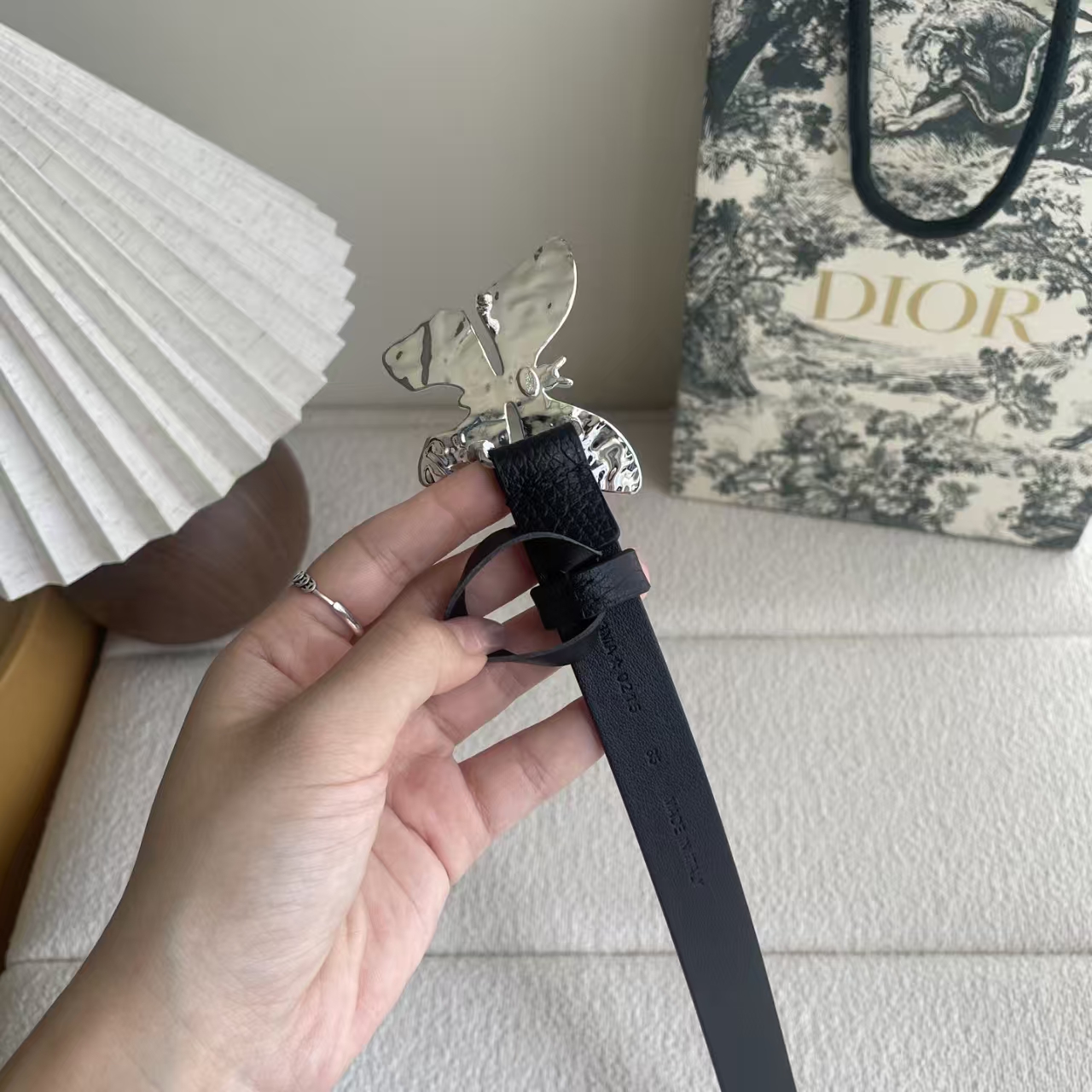 Christian Dior Butterfly Embellished Calfskin Belt in Noir Black