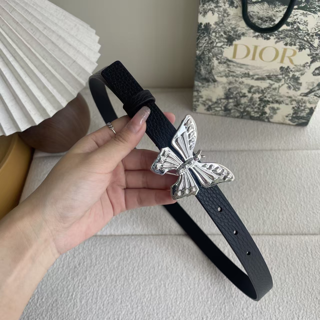 Christian Dior Butterfly Embellished Calfskin Belt in Noir Black