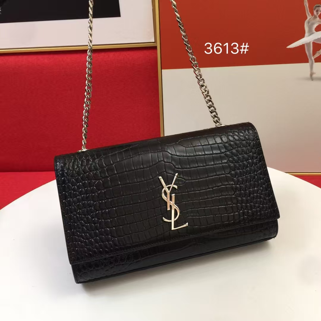 Saint Laurent Cassandre Glossy Crocodile-Embossed Leather Phone Bag with Strap in Black