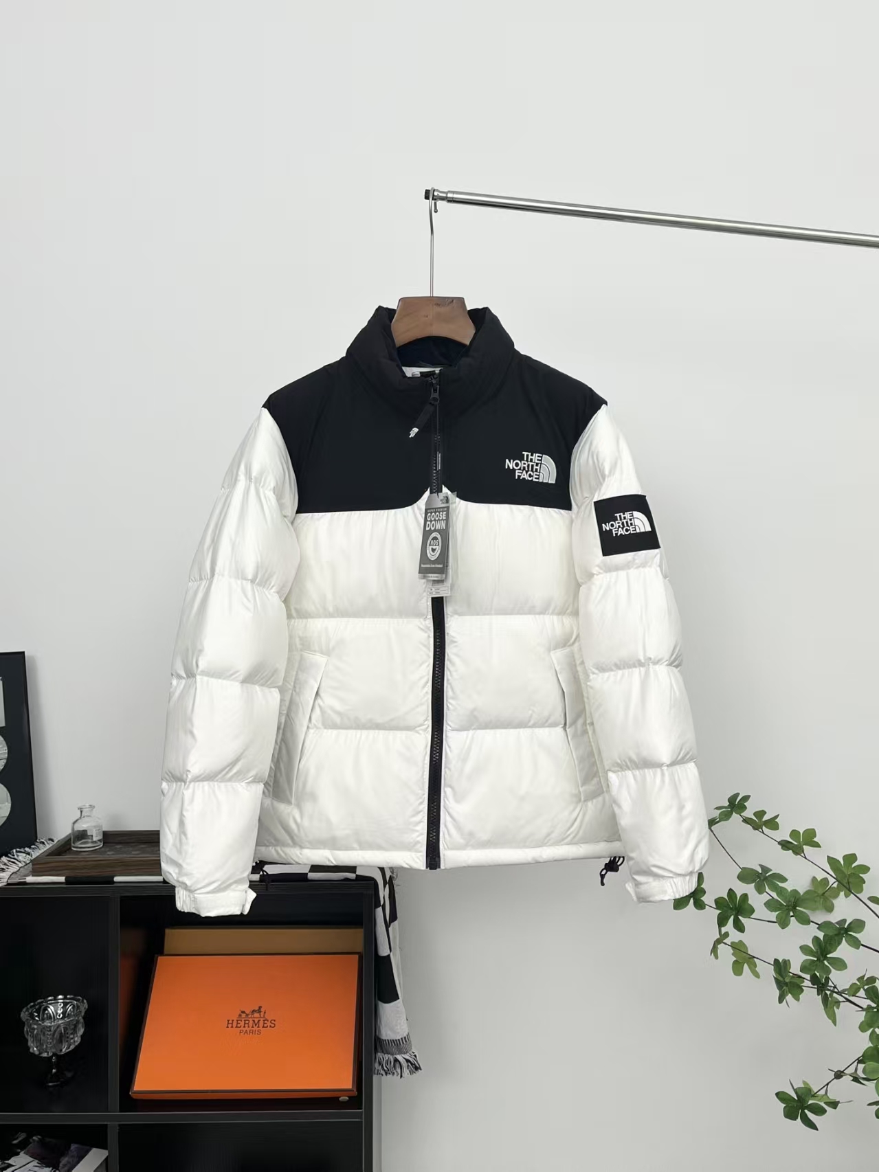 The North Face Ripstop Puffer Jacket in White & Black | Two-Tone Abrasion-Resistant Winter Coat
