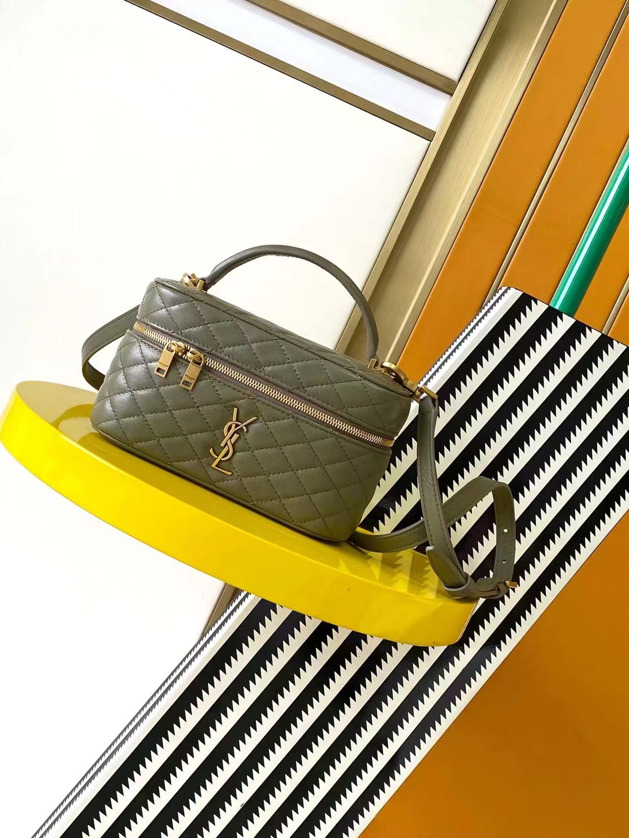 Saint Laurent Gaby Vanity Bag with Lambskin Strap in Deep Moss Green