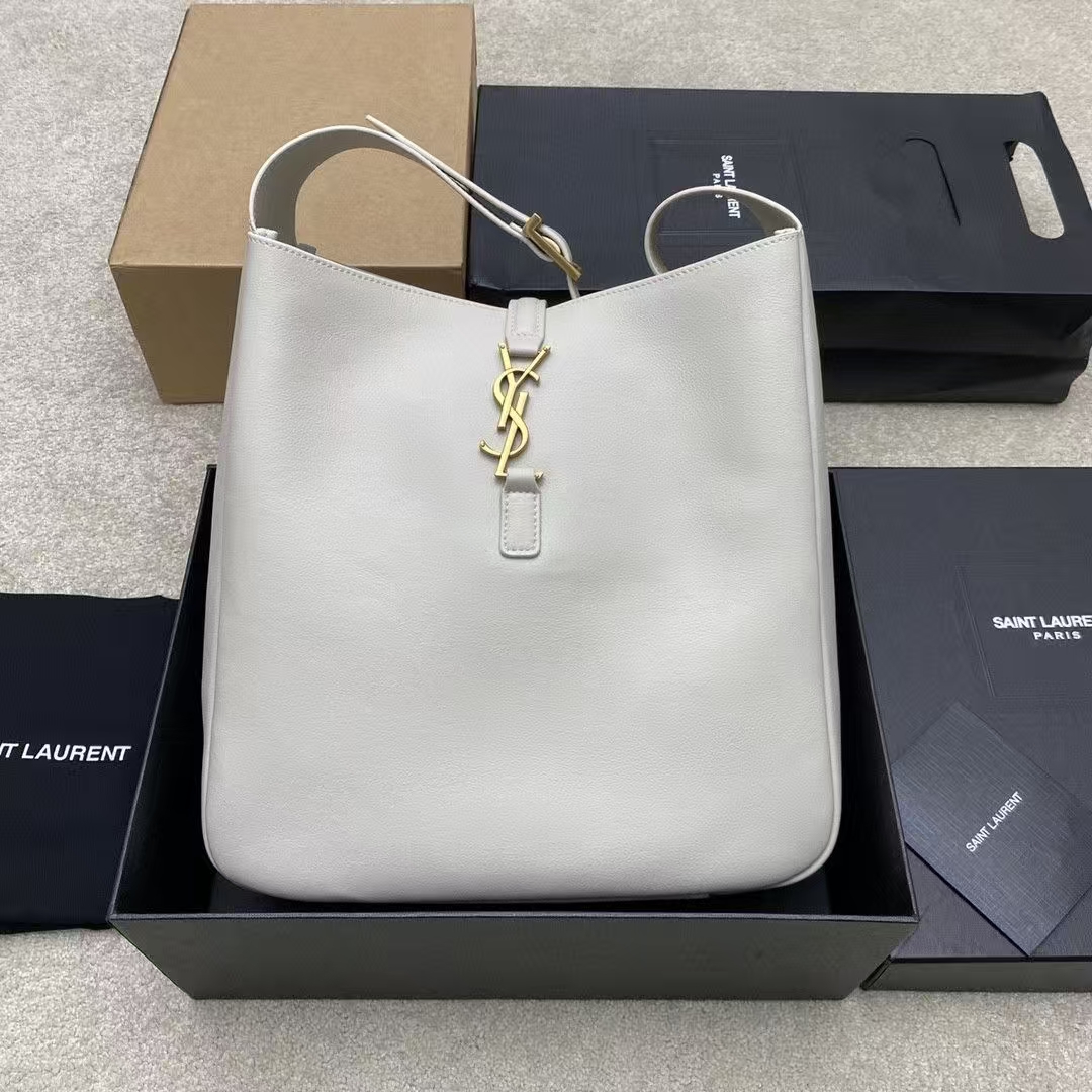Saint Laurent Le 5 À 7 Large Grain de Poudre Leather Soft Handbag in White