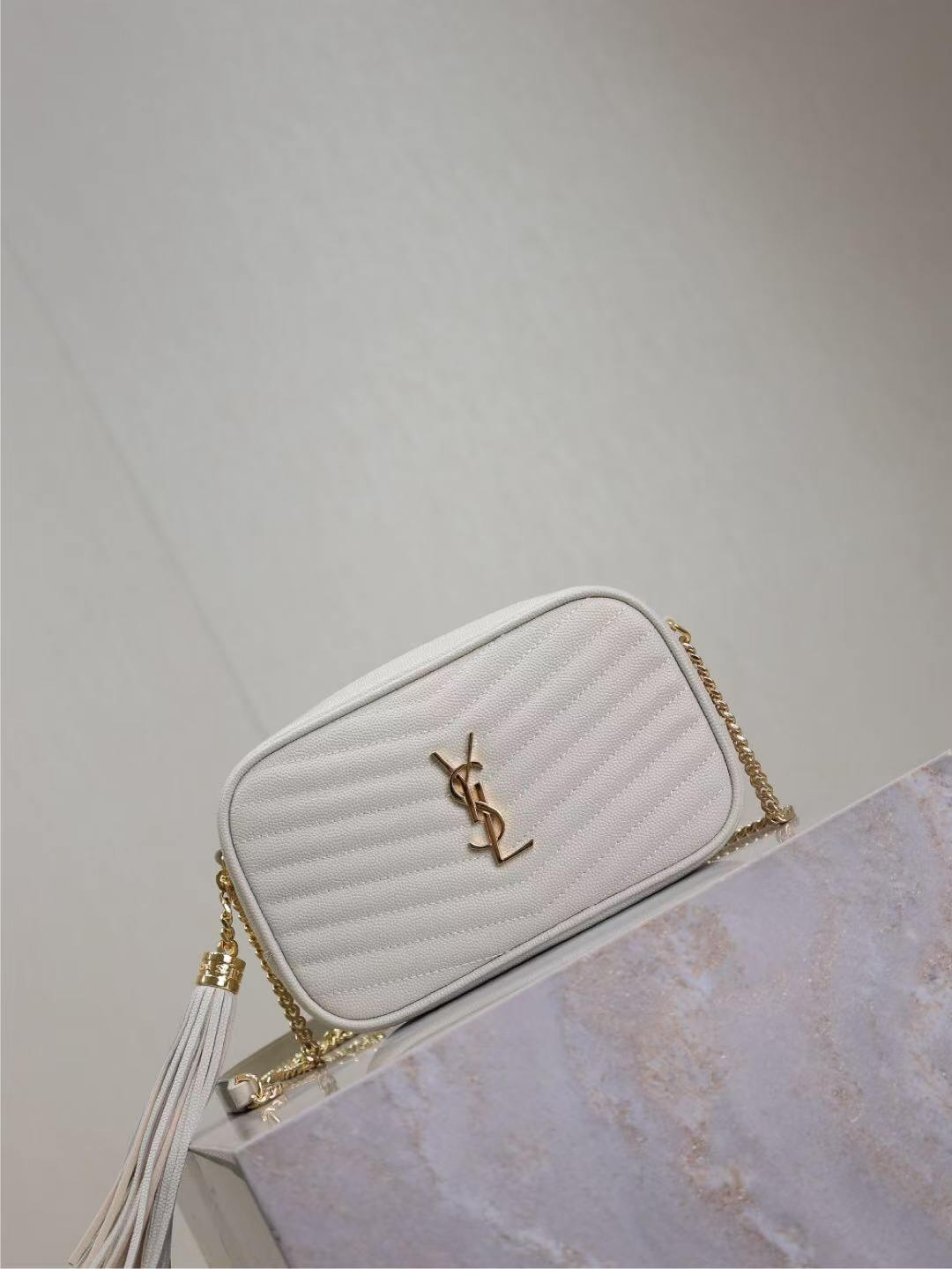 Saint Laurent Mini Lou Quilted Leather Handbag in Vintage White