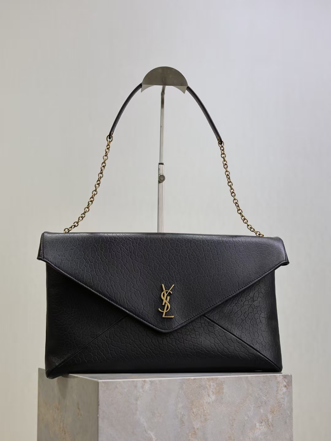 Saint Laurent Le Cassandre Large Lambskin Chain Clutch in Black