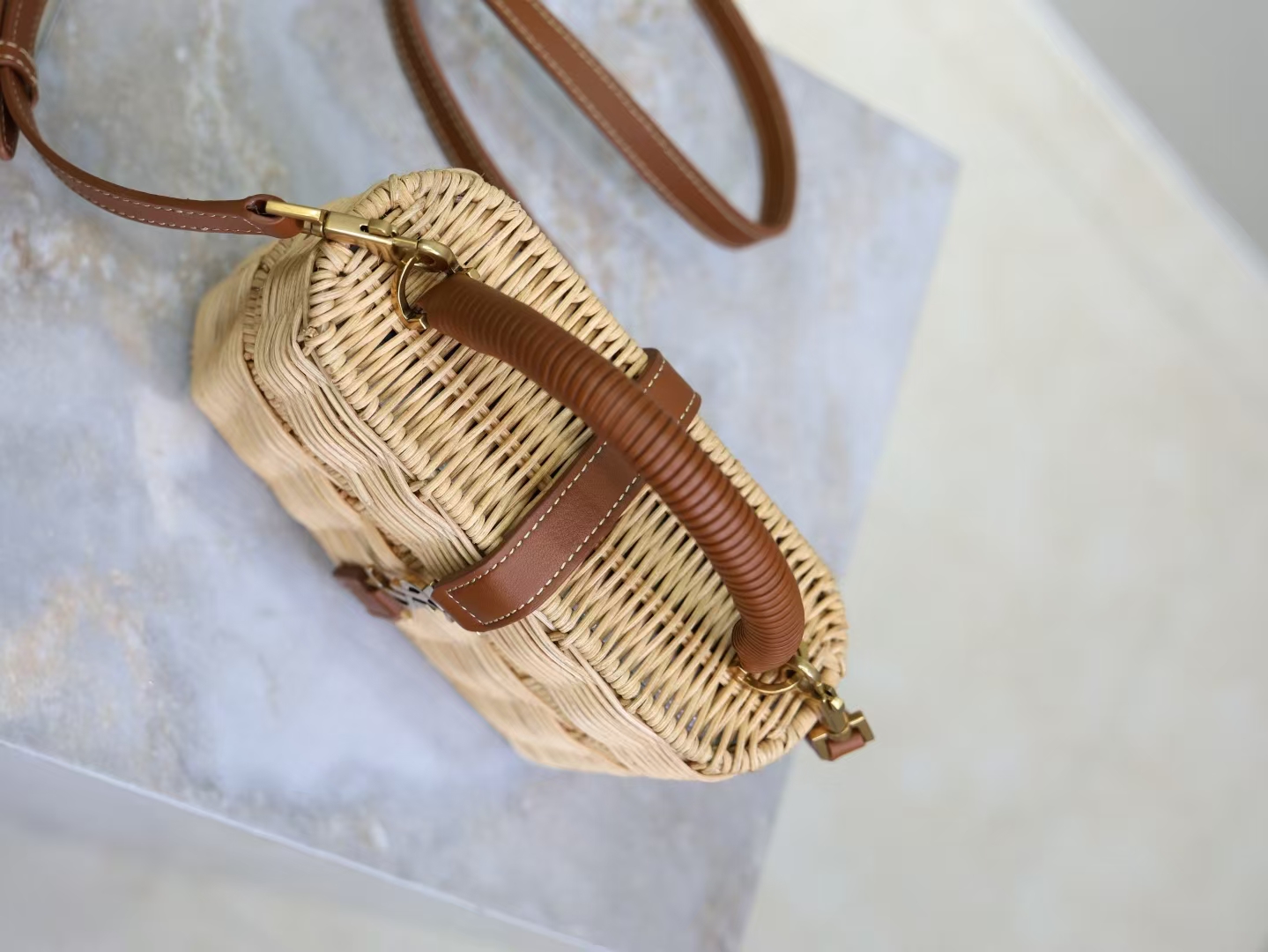 Saint Laurent Gaby Wicker Cosmetic Bag in Natural & Brick