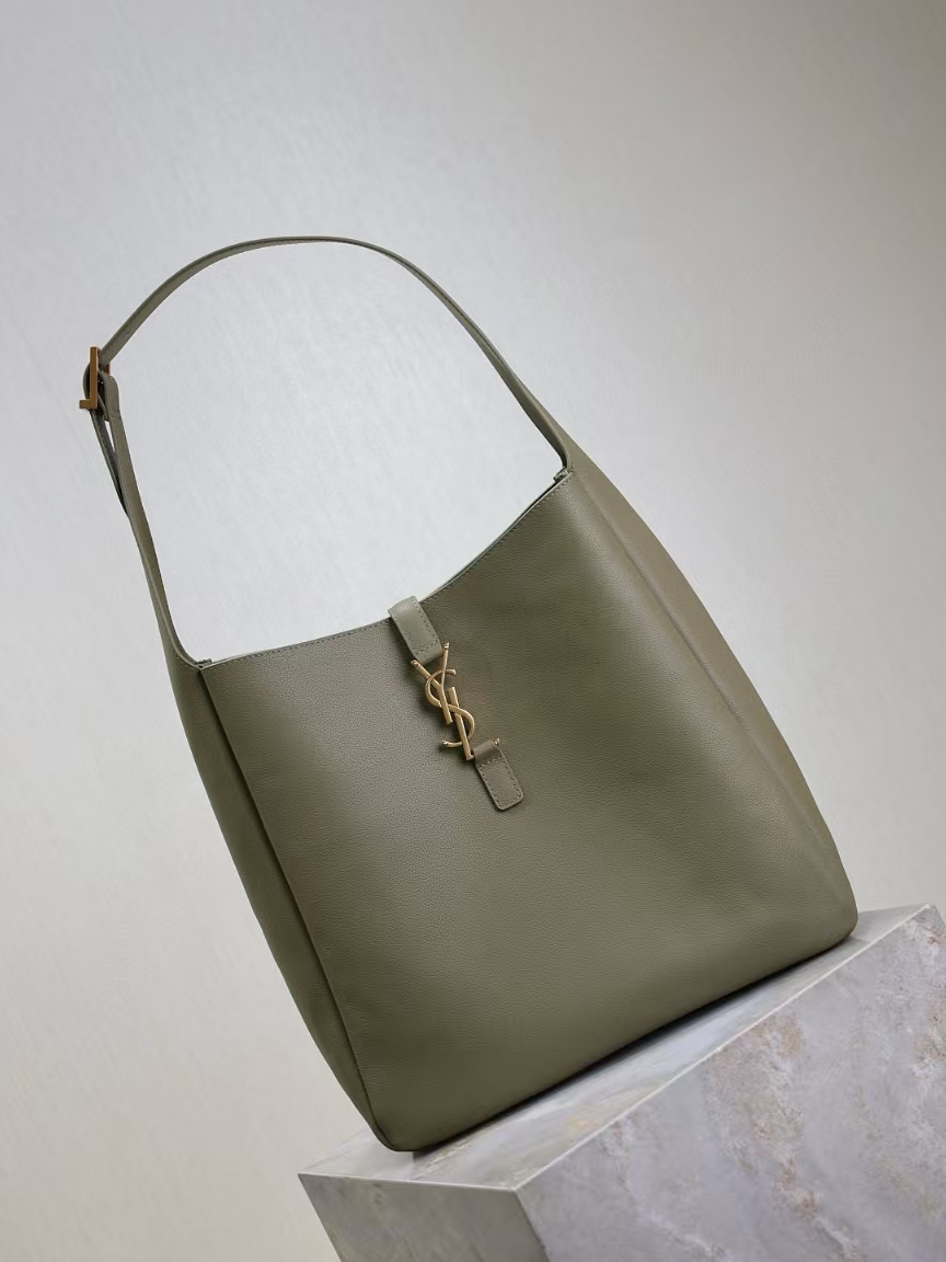 Saint Laurent Le 5 À 7 Large Grain de Poudre Leather Soft Handbag in Deep Moss Green