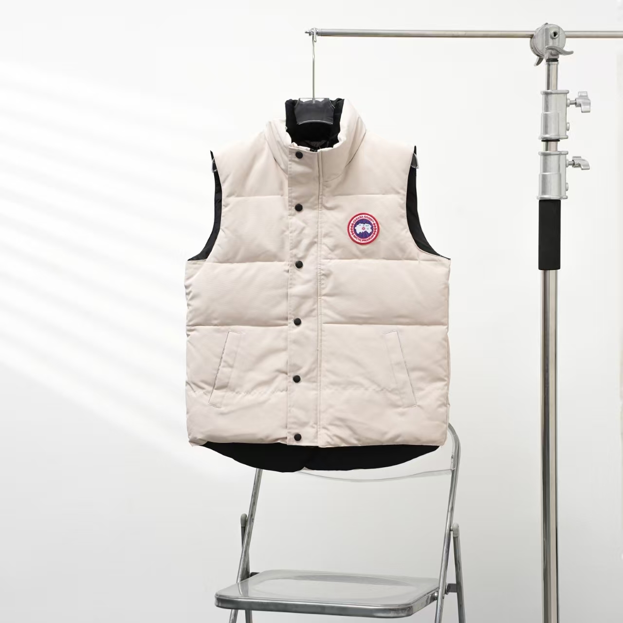 Canada Goose Stand Collar Down Vest in Oatmeal with Red Label | Angled Zip Pocket Gilet