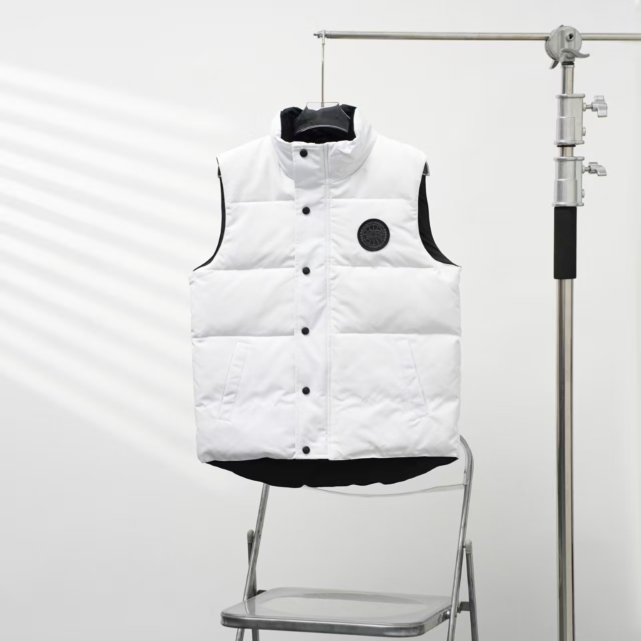 Canada Goose Stand Collar Down Vest in White with Black Label | Angled Zip Pocket Gilet