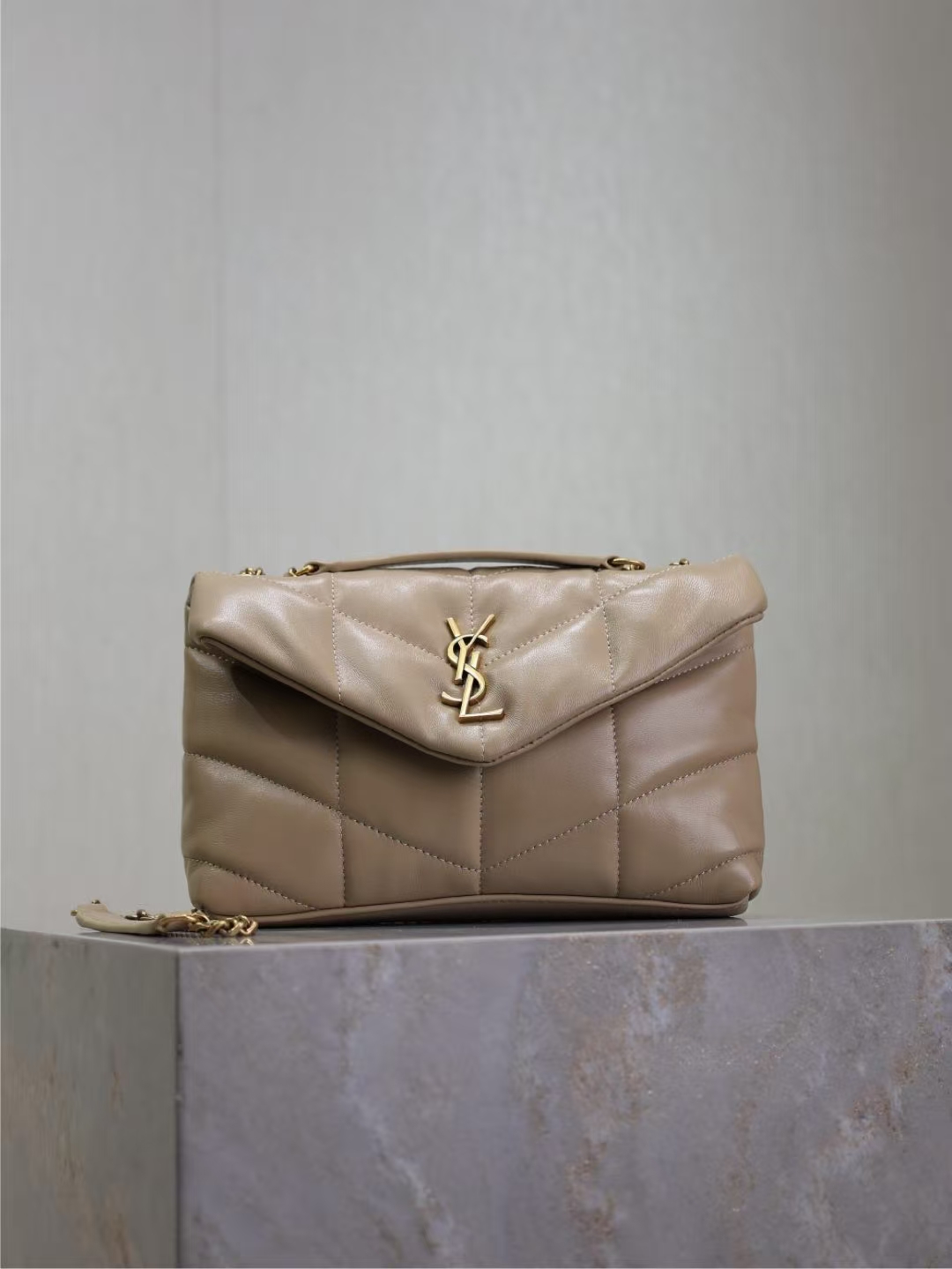 Saint Laurent Puffer Toy Sheepskin Handbag in Dark Beige