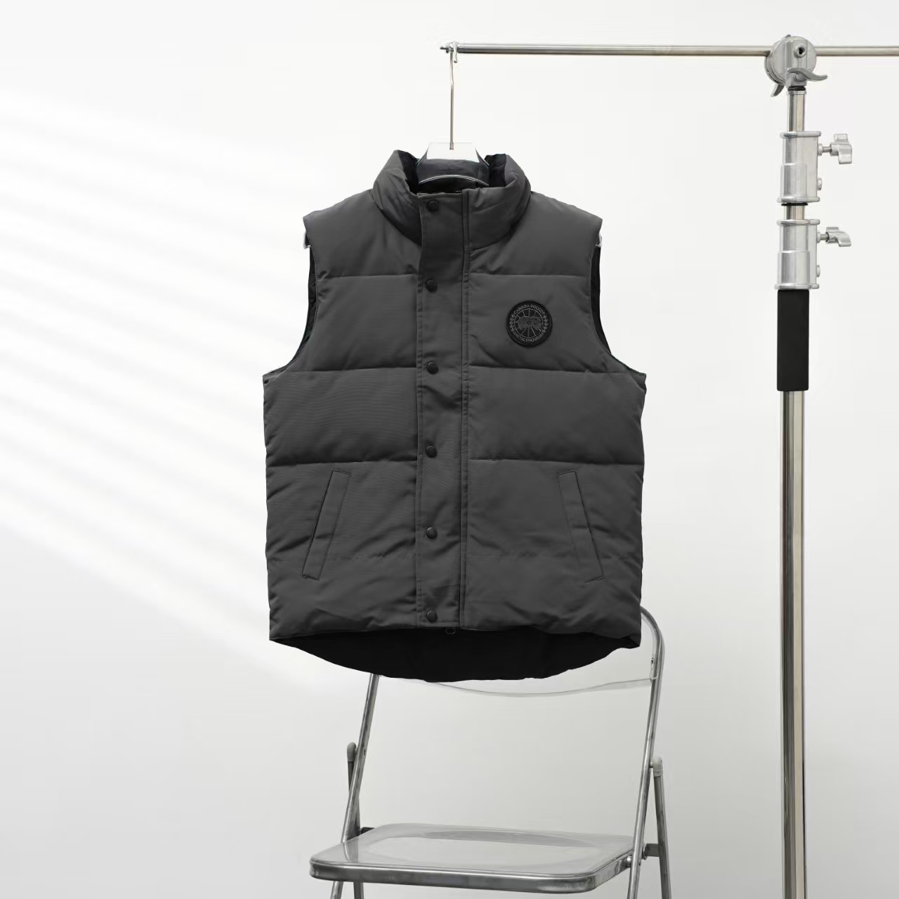 Canada Goose Stand Collar Down Vest in Graphite with Black Label | Angled Zip Pocket Gilet
