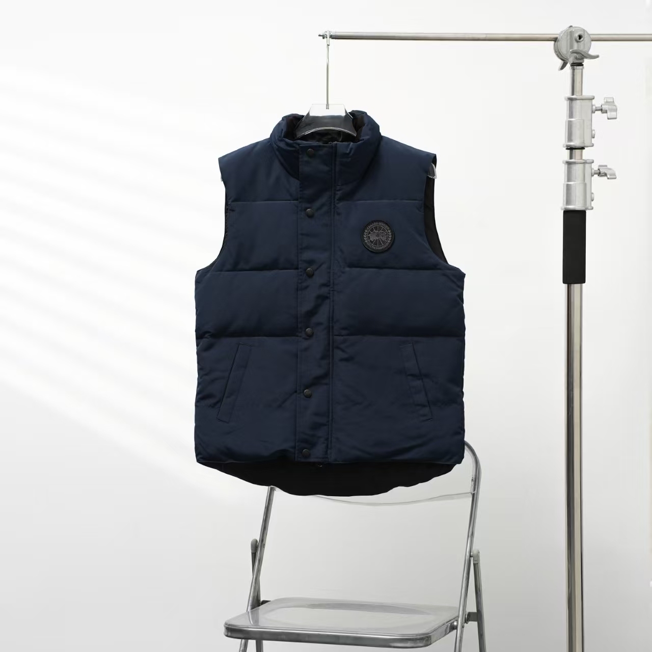 Canada Goose Stand Collar Down Vest in Deep Navy with Black Label | Angled Zip Pocket Gilet