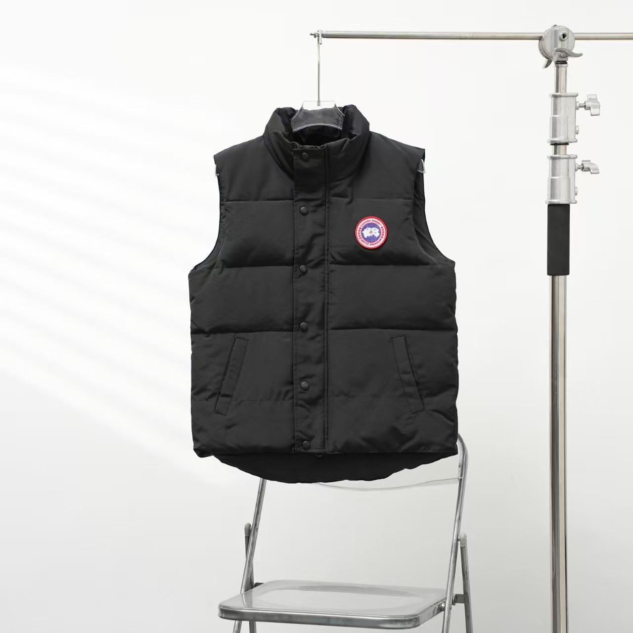 Canada Goose Stand Collar Down Vest in Black with Red Label | Angled Zip Pocket Gilet
