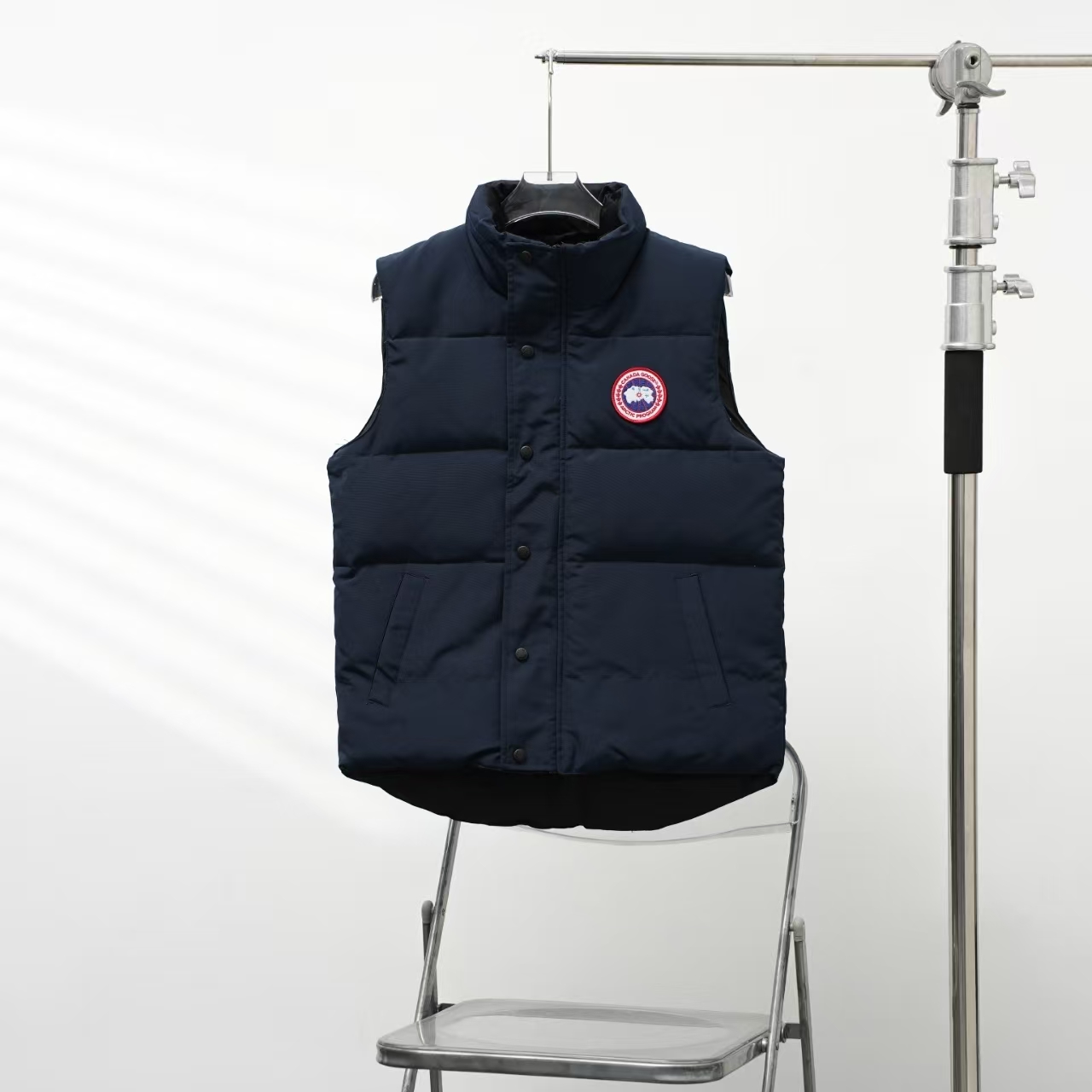 Canada Goose Stand Collar Down Vest in Deep Navy with Red Label | Angled Zip Pocket Gilet