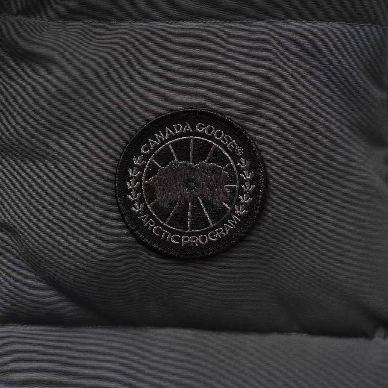 Canada Goose Stand Collar Down Vest in Graphite with Black Label | Angled Zip Pocket Gilet