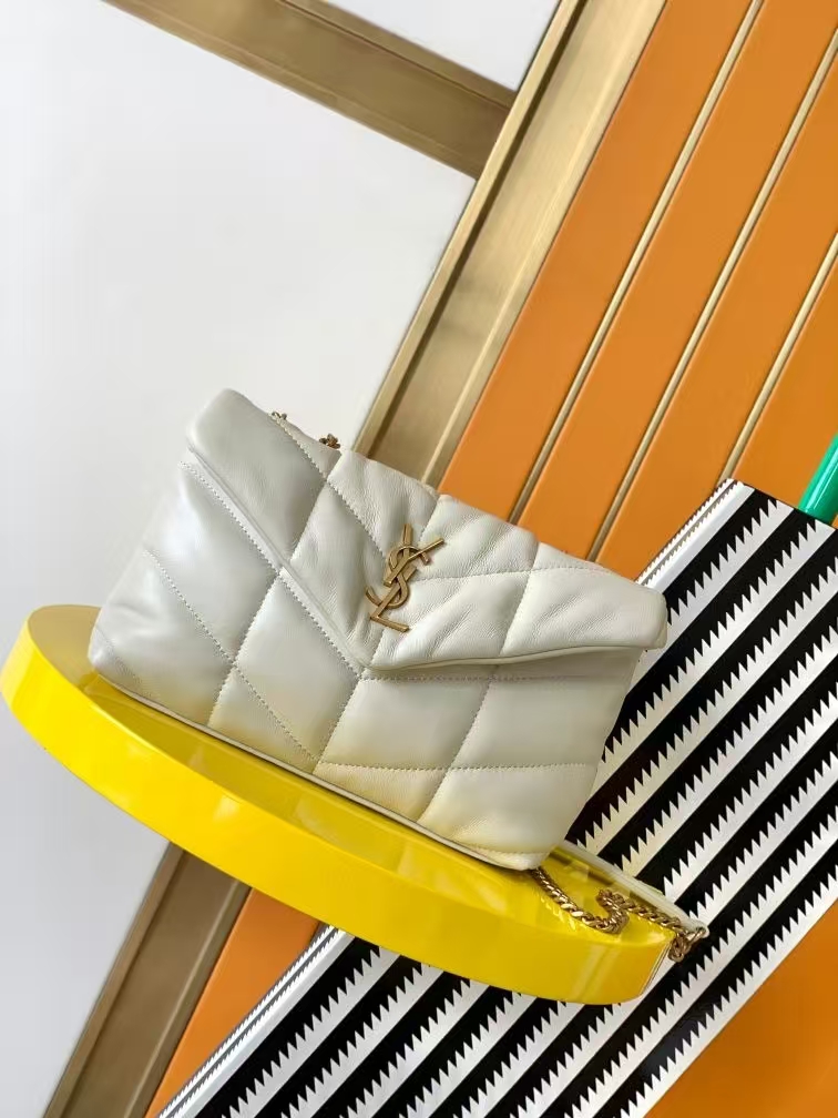 Saint Laurent Puffer Toy Sheepskin Handbag in Vintage White