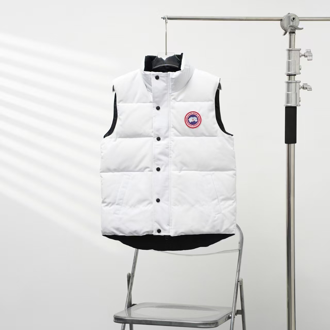 Canada Goose Stand Collar Down Vest in White with Red Label | Angled Zip Pocket Gilet
