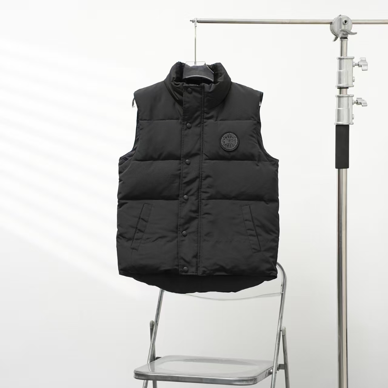 Canada Goose Stand Collar Down Vest in Black with Black Label | Angled Zip Pocket Gilet