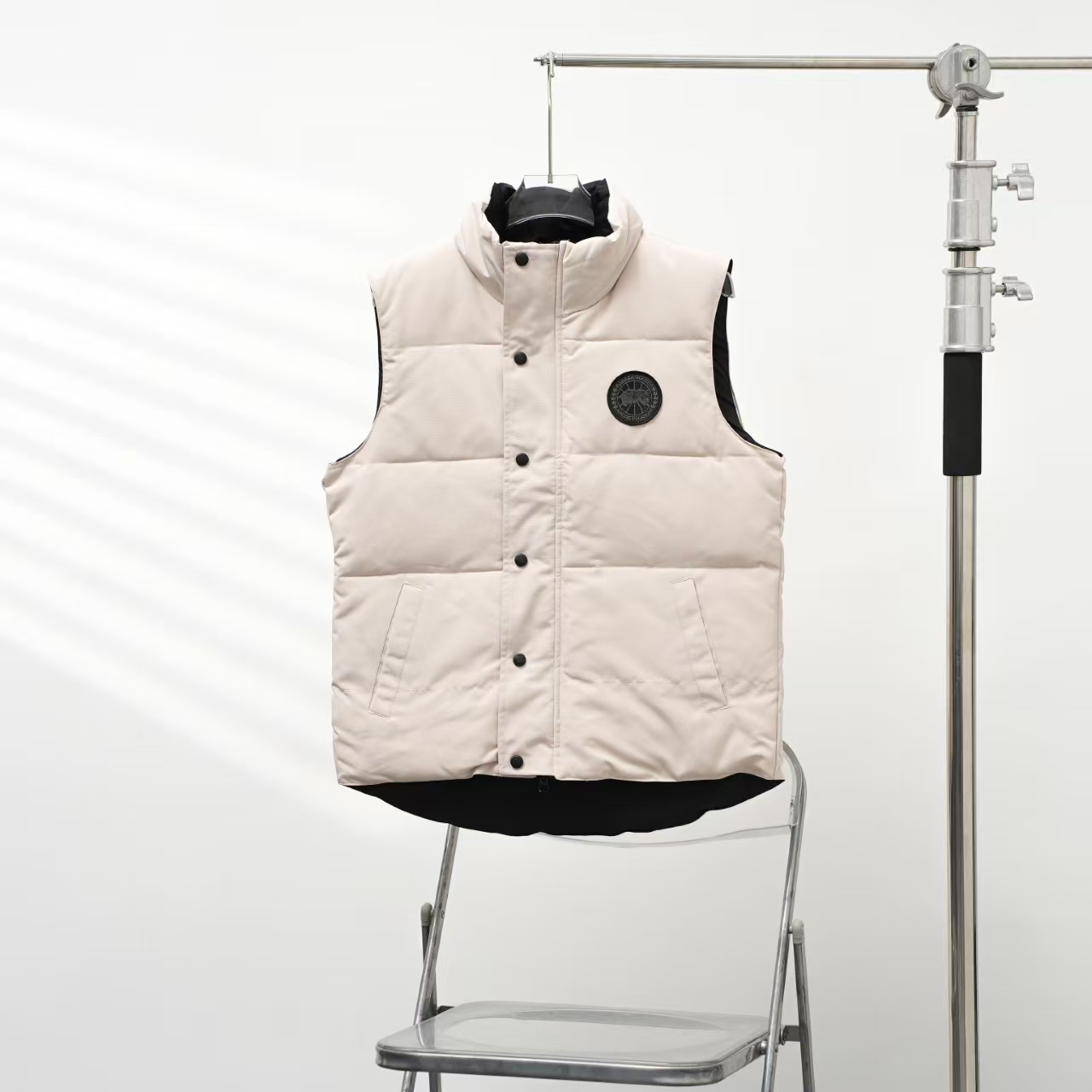 Canada Goose Stand Collar Down Vest in Oatmeal with Black Label | Angled Zip Pocket Gilet