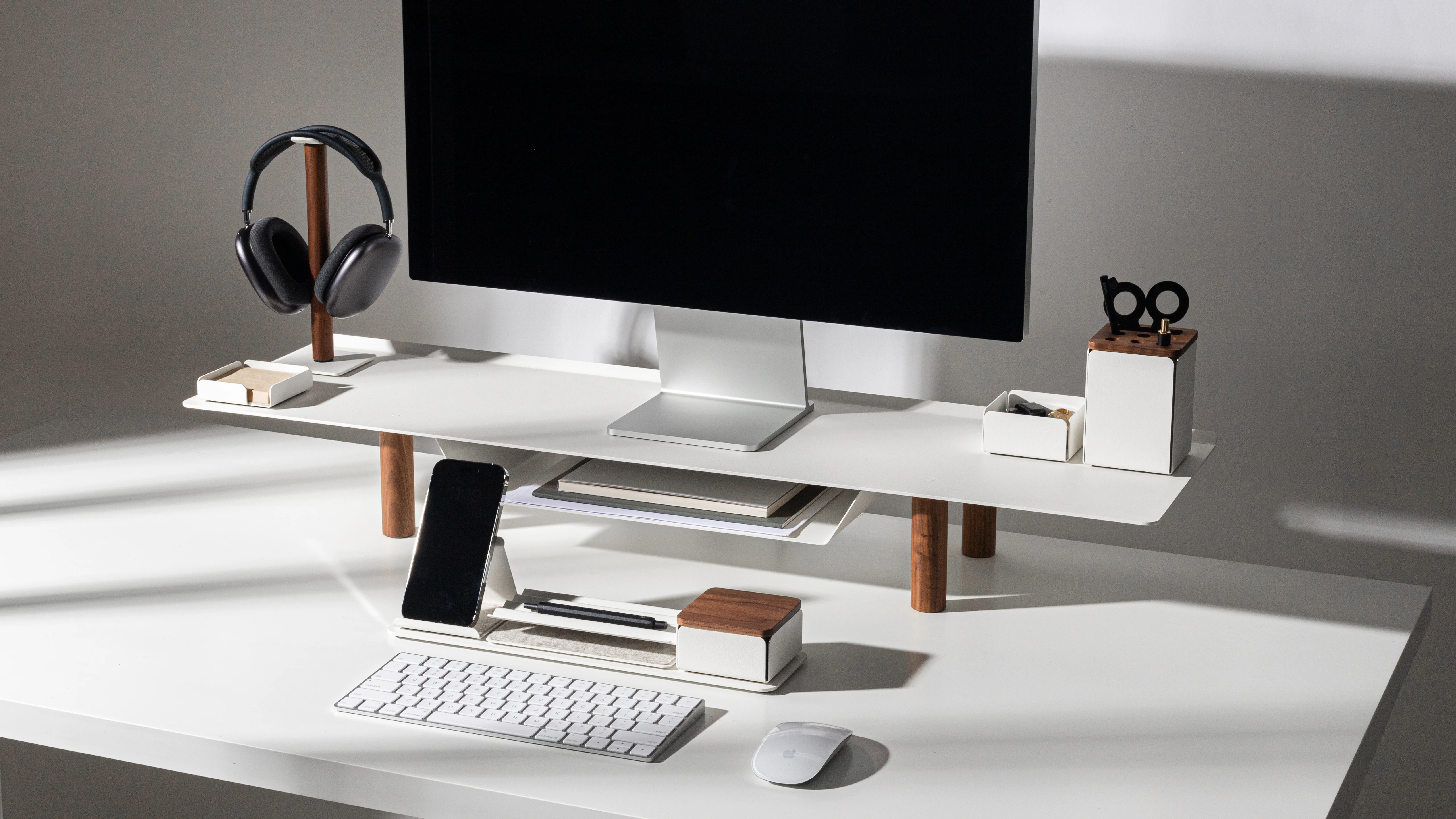 Gather Large Monitor Stand (White/Walnut)