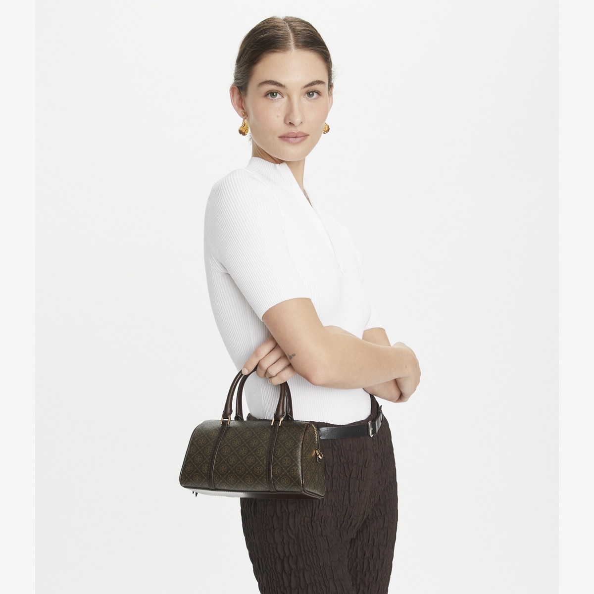 T Monogram Coated Canvas Petite Barrel Bag