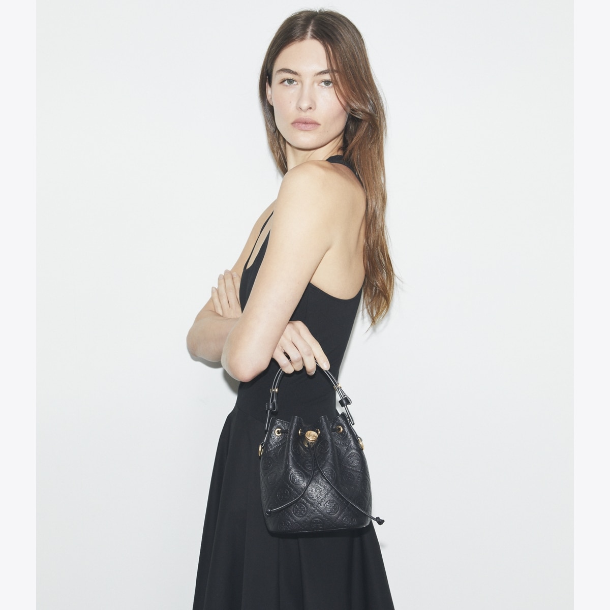 T Monogram Pebbled Mini Bucket Bag