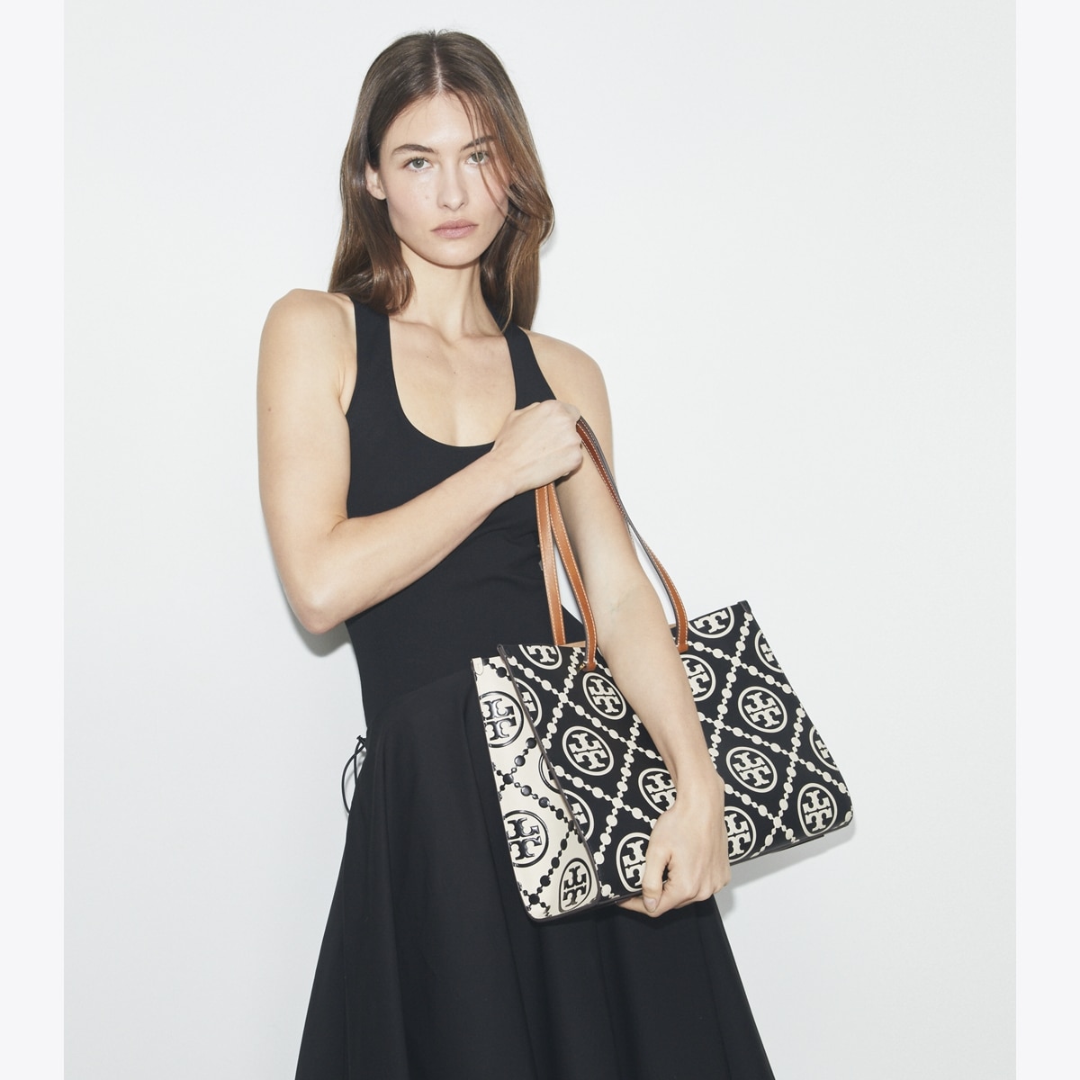 T Monogram Contrast Embossed Tote