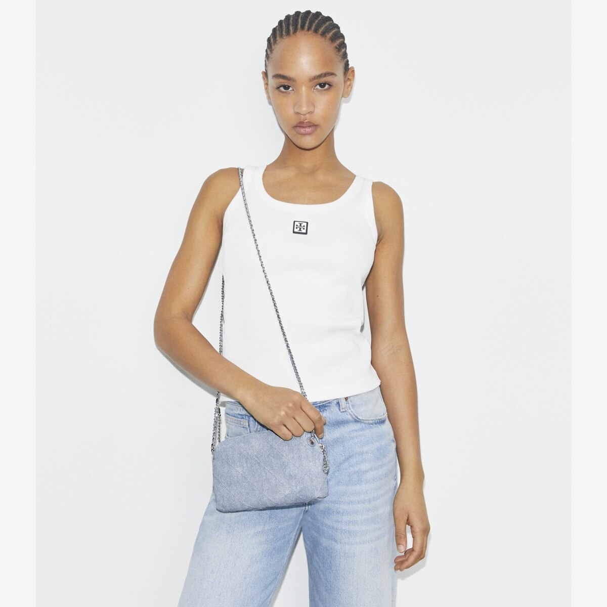 Fleming Soft Denim-Print Suede Crossbody Bag