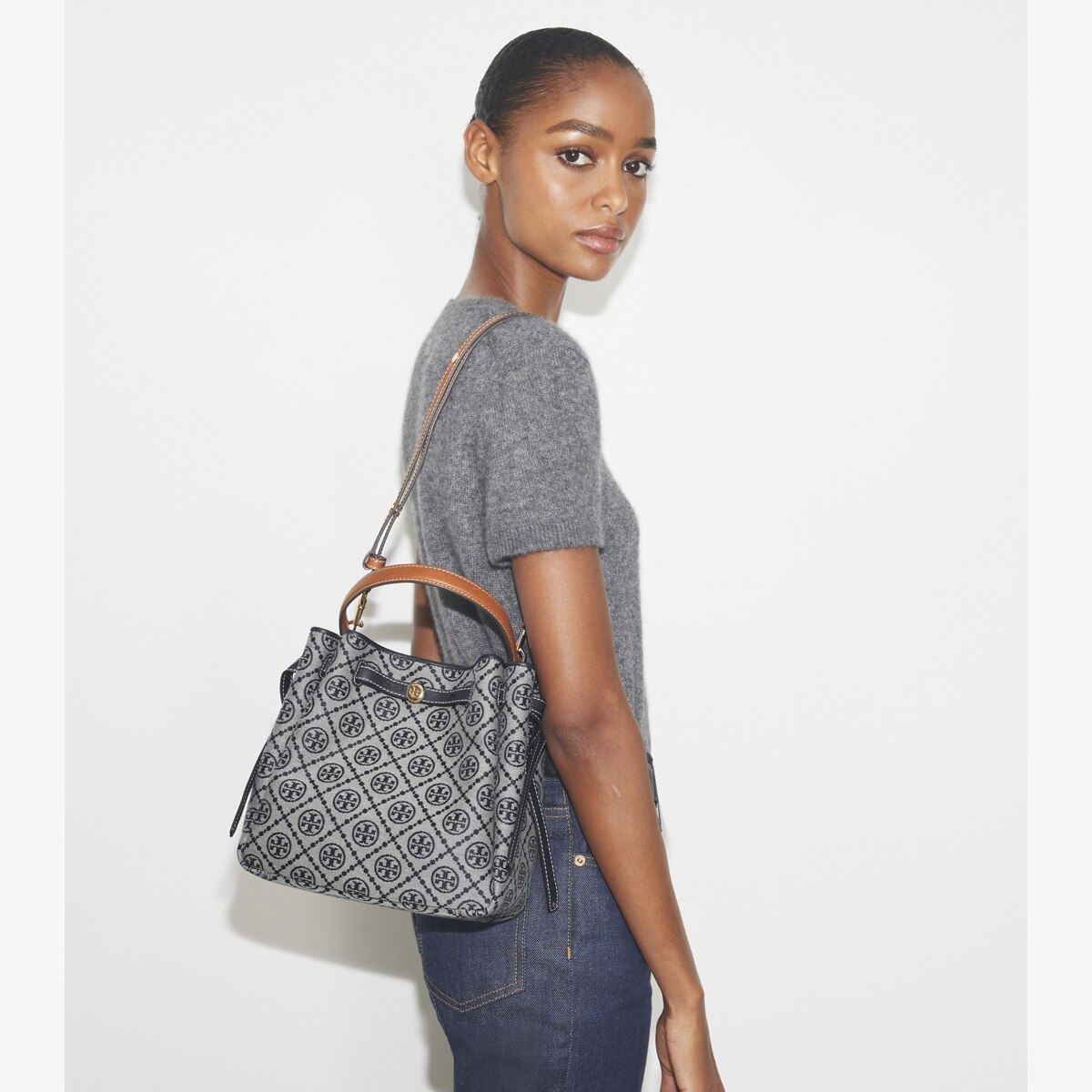 Romy T Monogram Bucket Bag