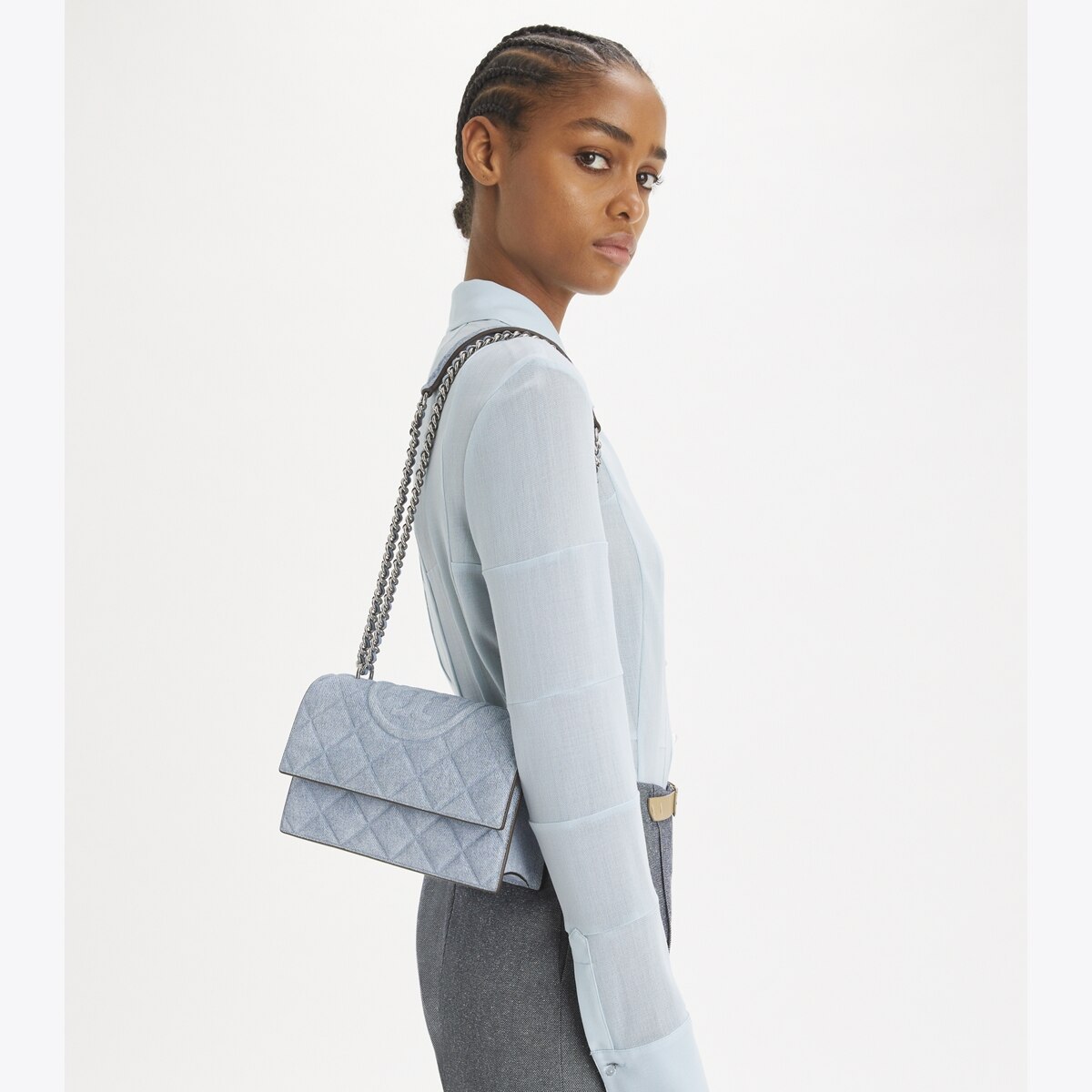 Small Fleming Denim-Print Suede Shoulder Bag
