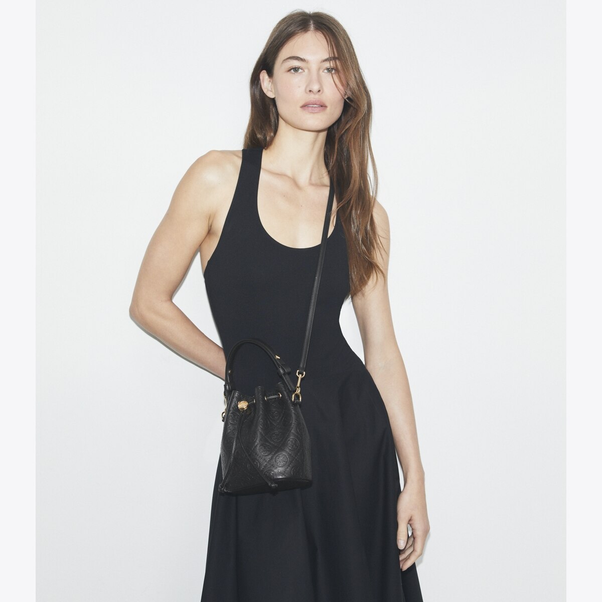 T Monogram Pebbled Mini Bucket Bag