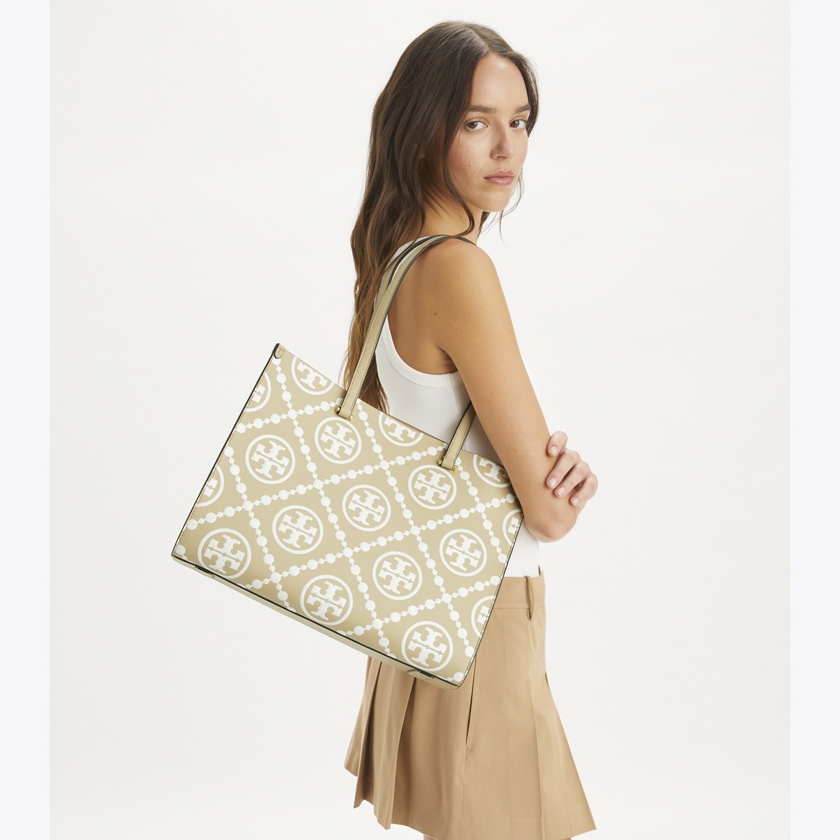 T Monogram Contrast Embossed Tote