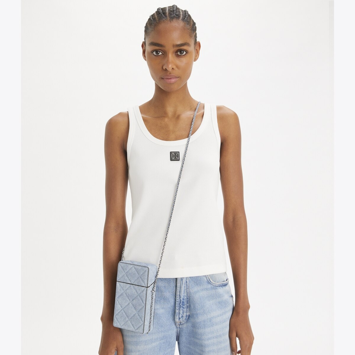 Fleming Denim-Print Suede Phone Crossbody