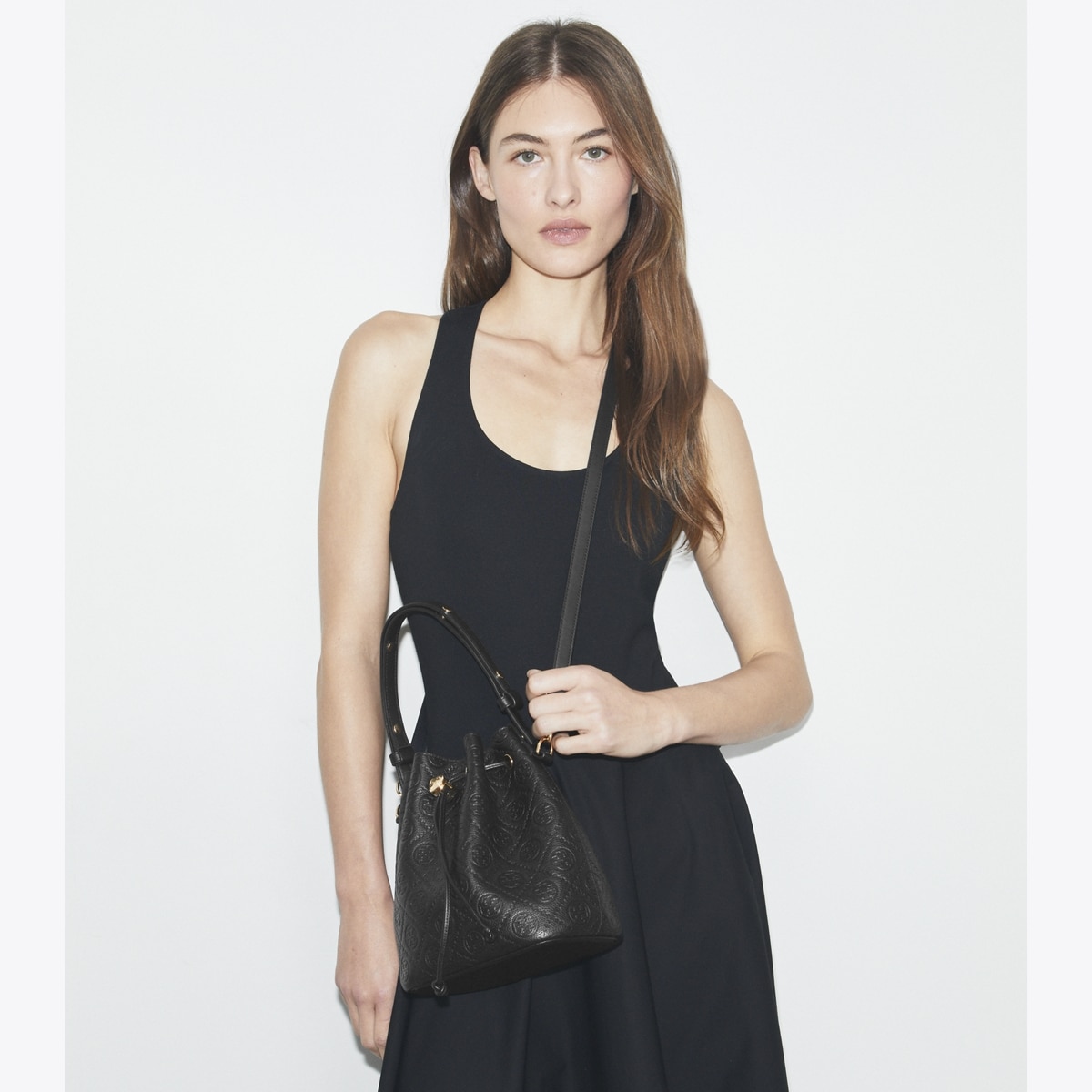 T Monogram Pebbled Bucket Bag