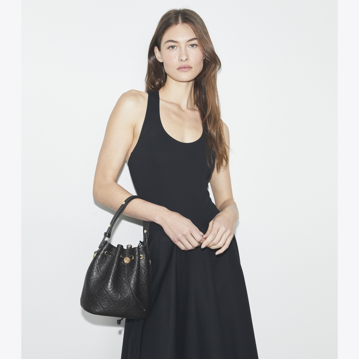 T Monogram Pebbled Bucket Bag