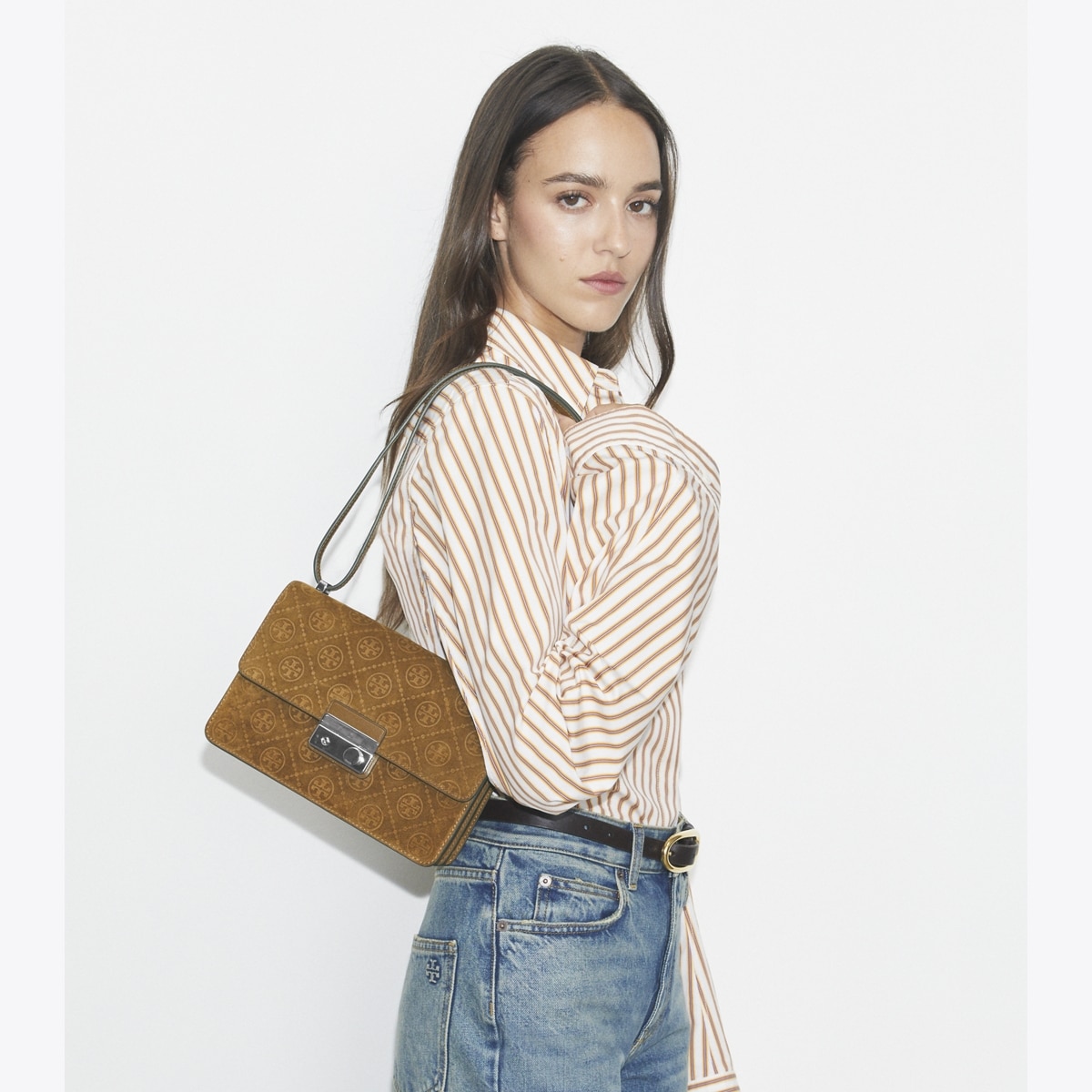 T Monogram Suede Shoulder Bag