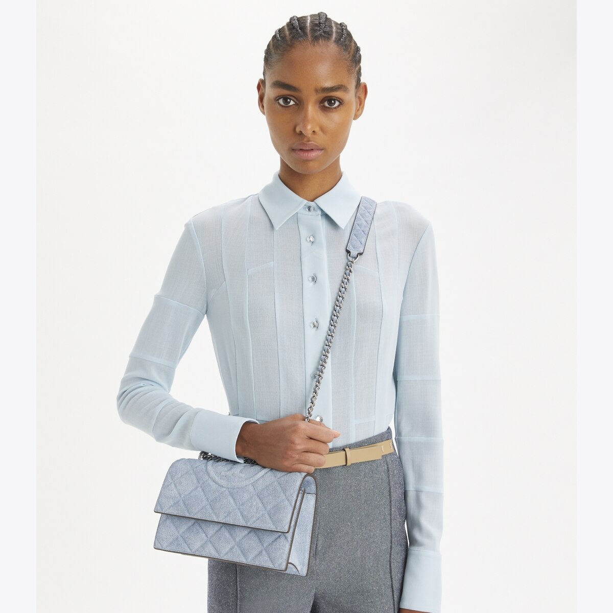 Small Fleming Denim-Print Suede Shoulder Bag