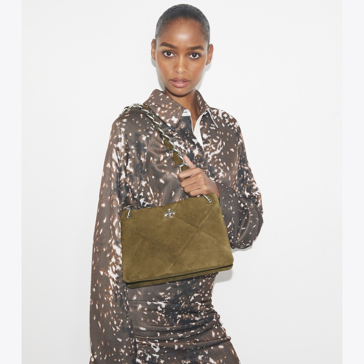 Small Kira Diamond Quilt Suede Shoulder Bag