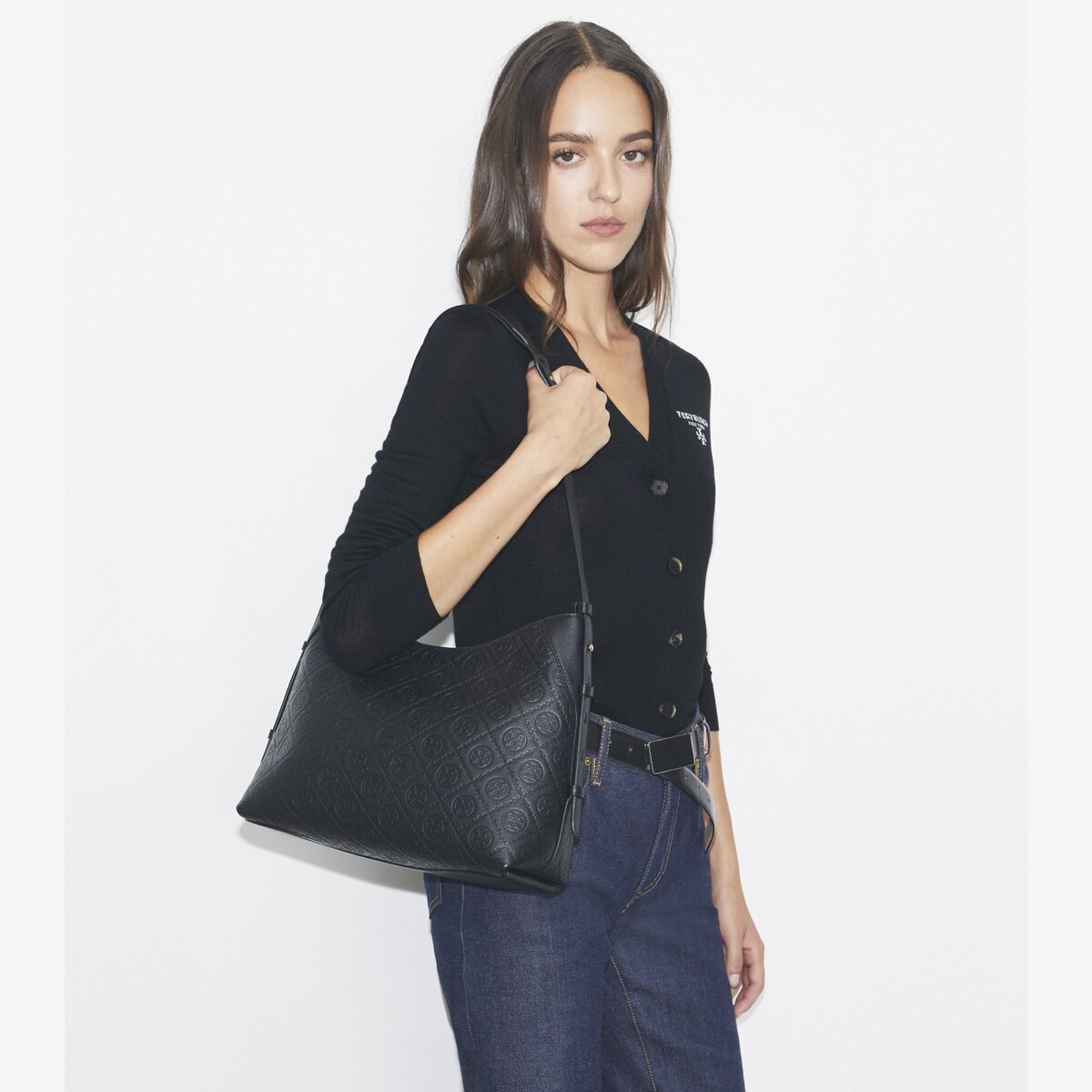 T Monogram Pebbled Messenger Bag