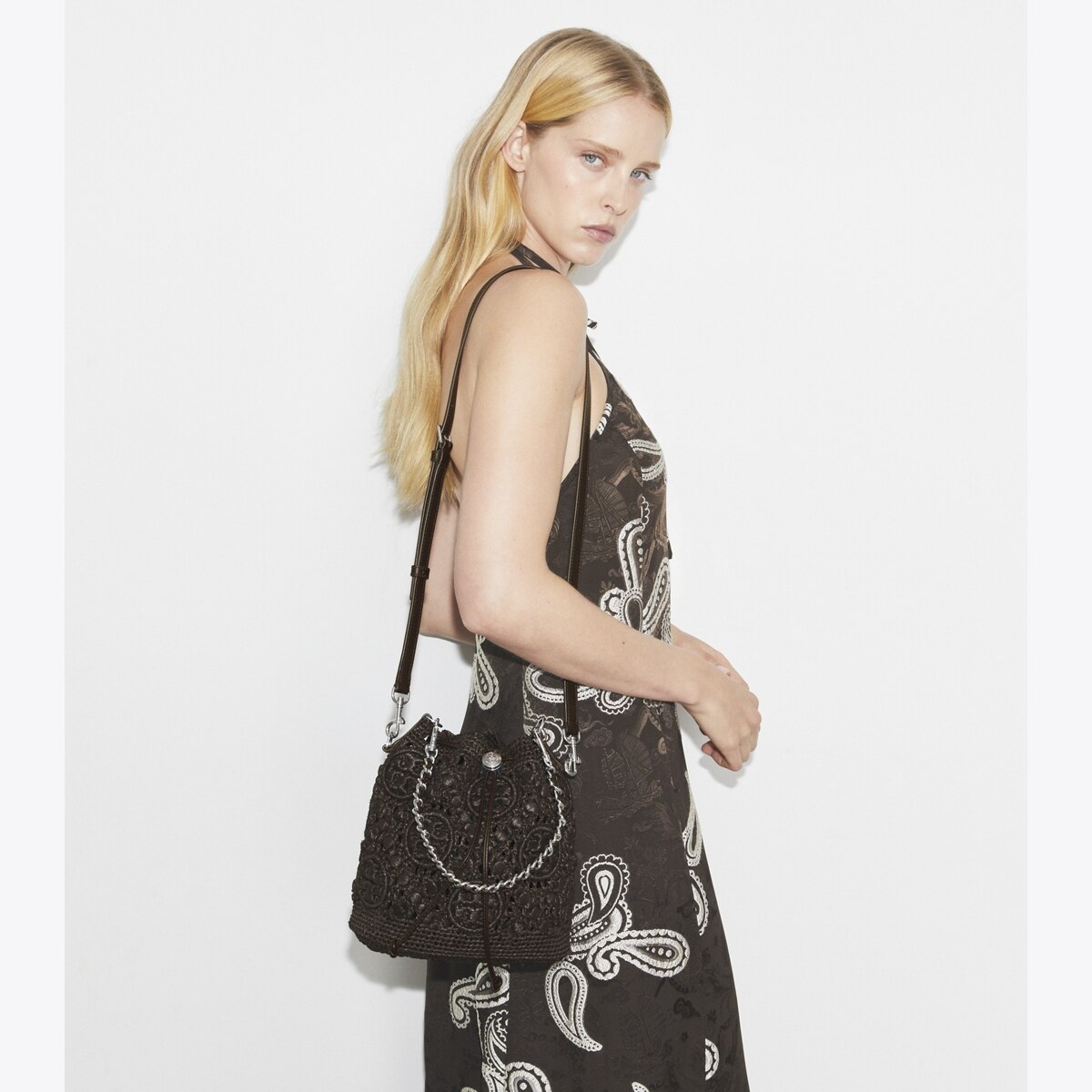 T Monogram Raffia Bucket Bag