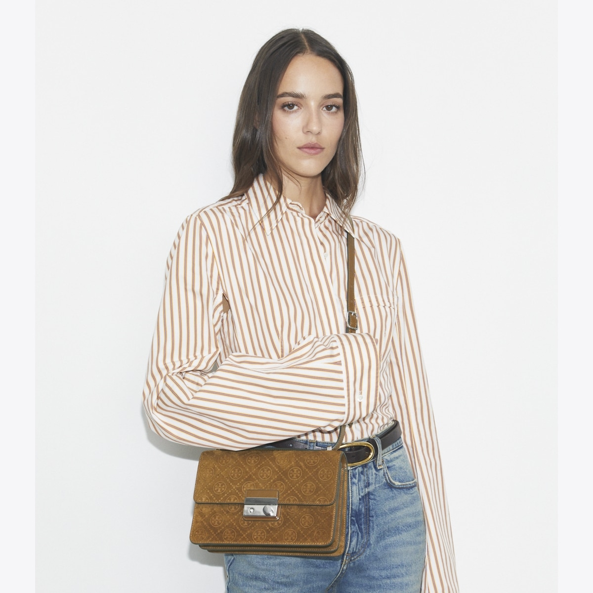 T Monogram Suede Shoulder Bag