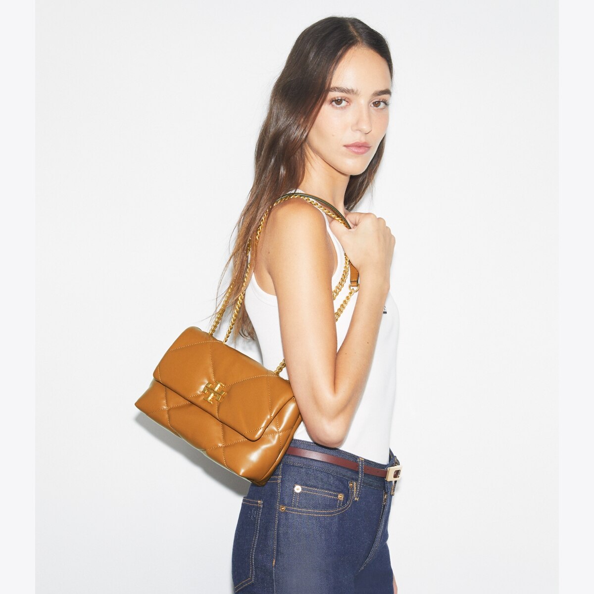 Small Kira Diamond Quilt Shoulder Bag - light cream