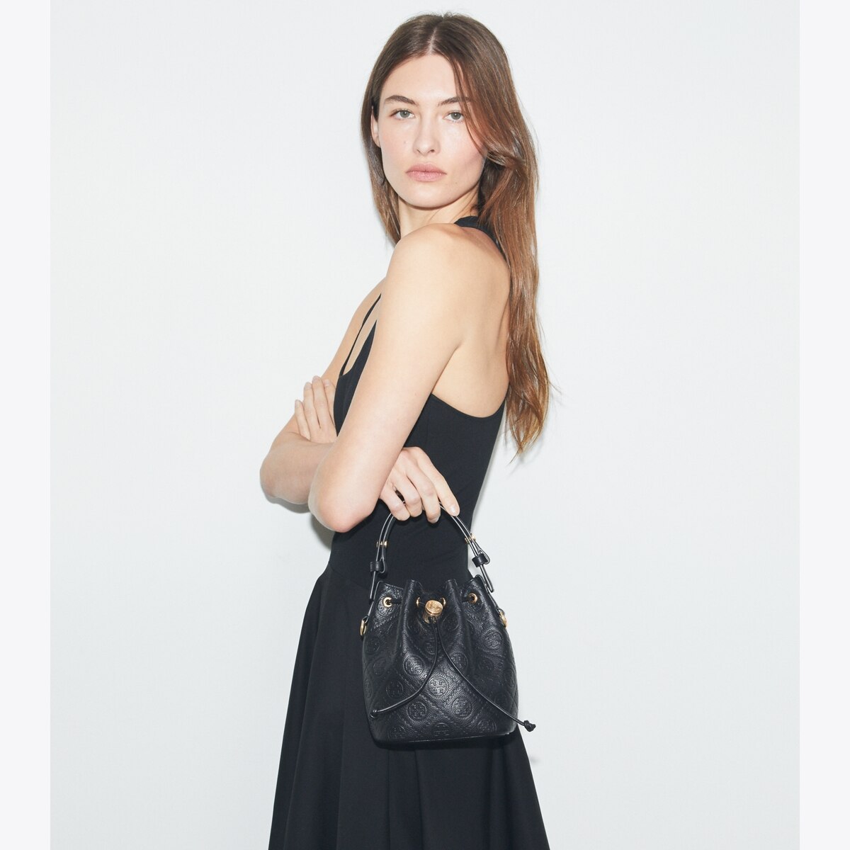 T Monogram Pebbled Mini Bucket Bag - black