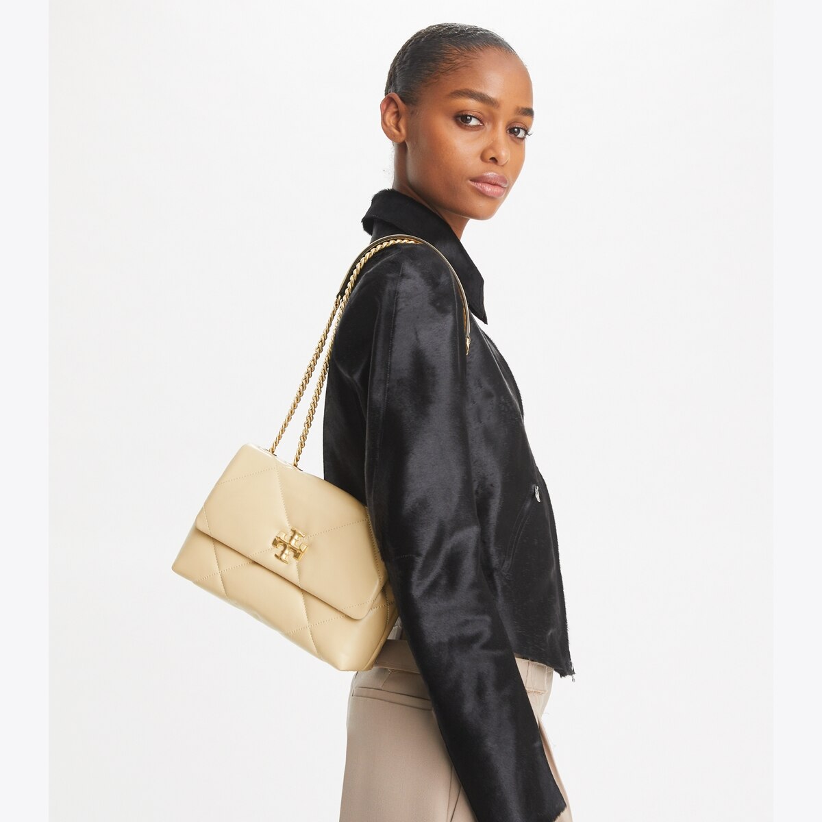 Small Kira Diamond Quilt Shoulder Bag - beige