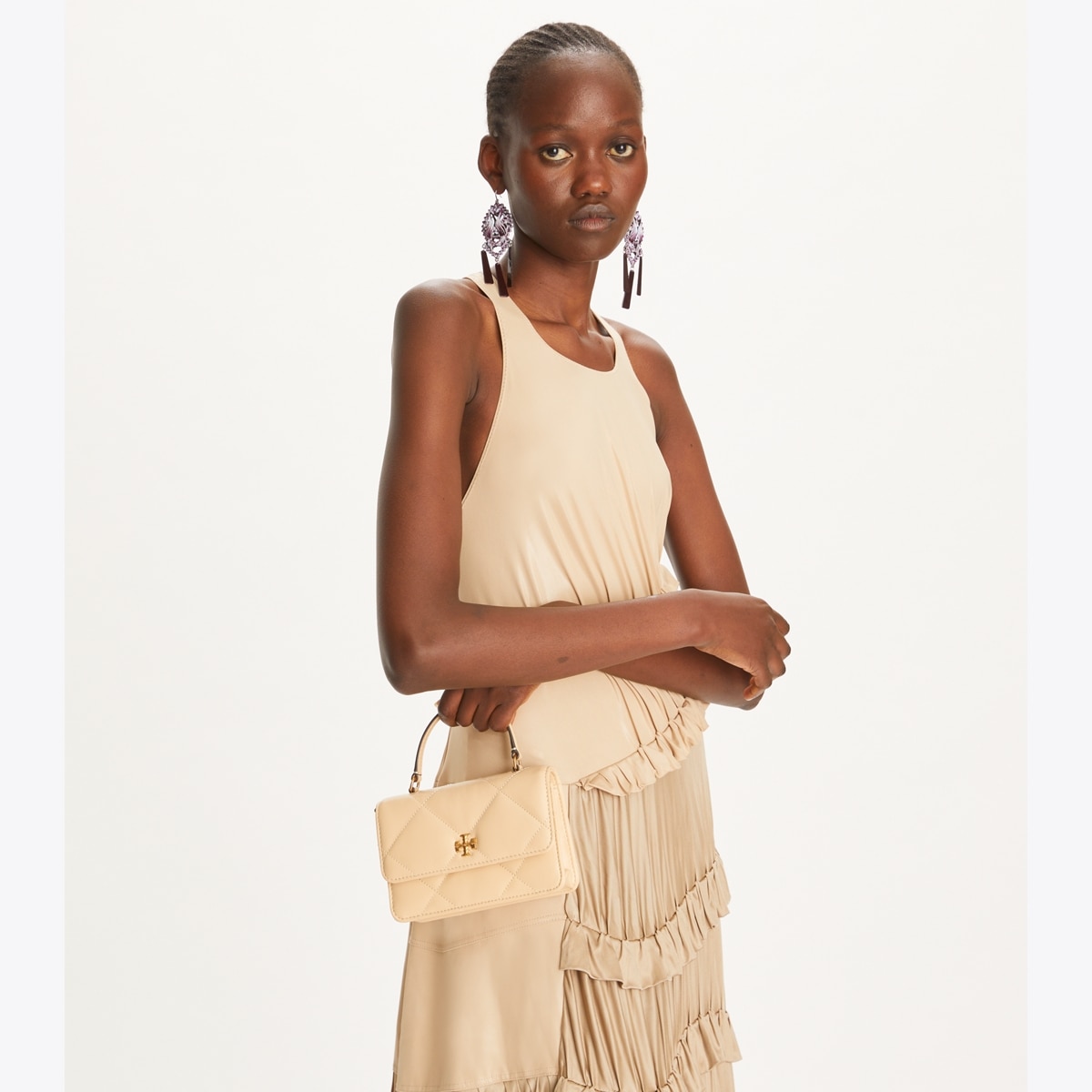 Mini Kira Diamond Quilt Top-Handle Crossbody - beige